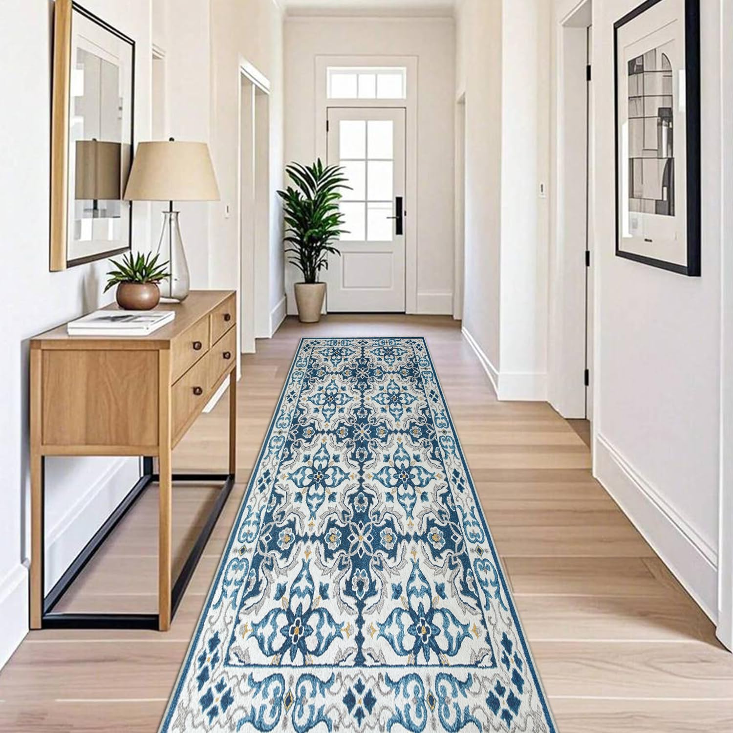 BedLooms Carpet Runners for Hallway Non-Slip 80 x 150 cm - Traditional Pattern Printed Design Bedroom Sky Blue Carpets for Dinning Room, Lounge (Luna)