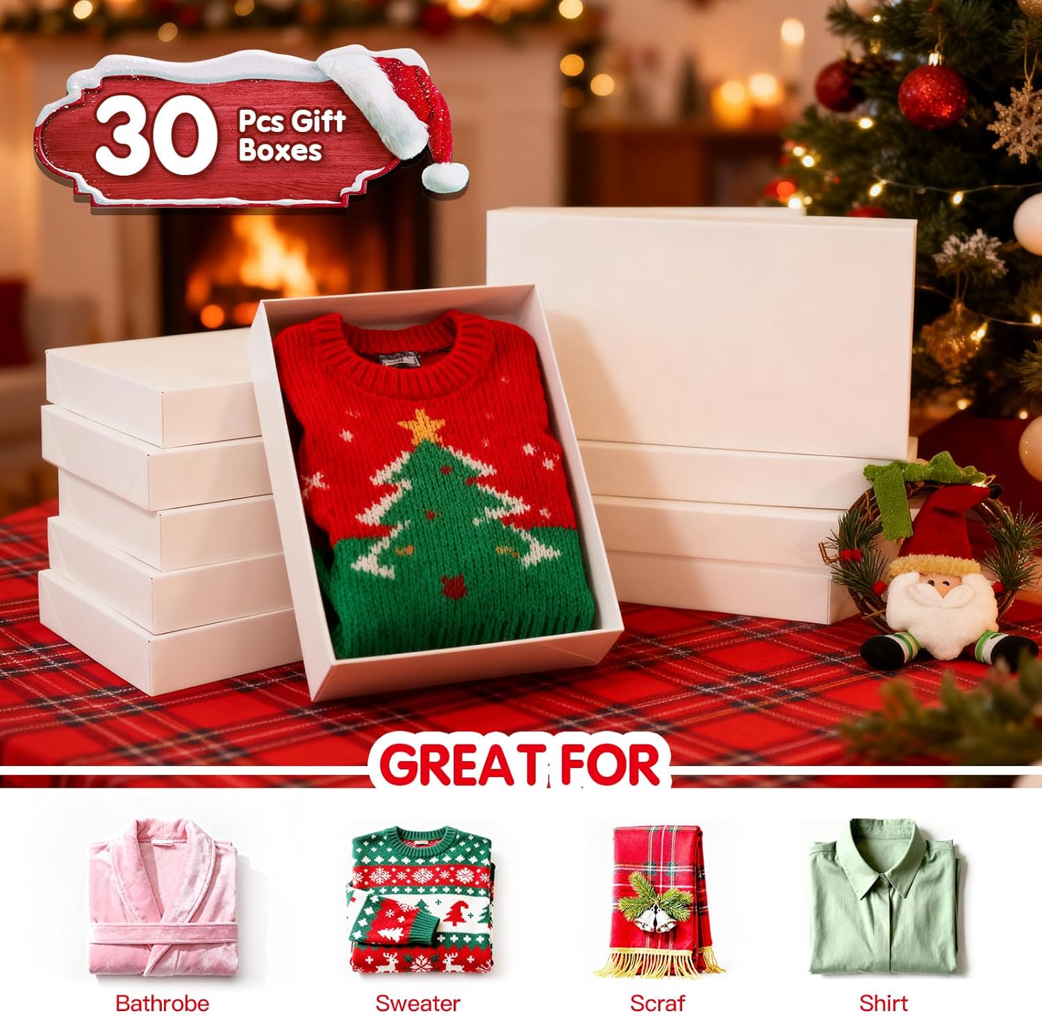 Breeze Touch 30 Pack 17" Christmas Gift Boxes with Lids for Presents, White Shirt Gift Wrapping Present Boxes for Clothes,Shirts,Robes,Sweaters and Socks