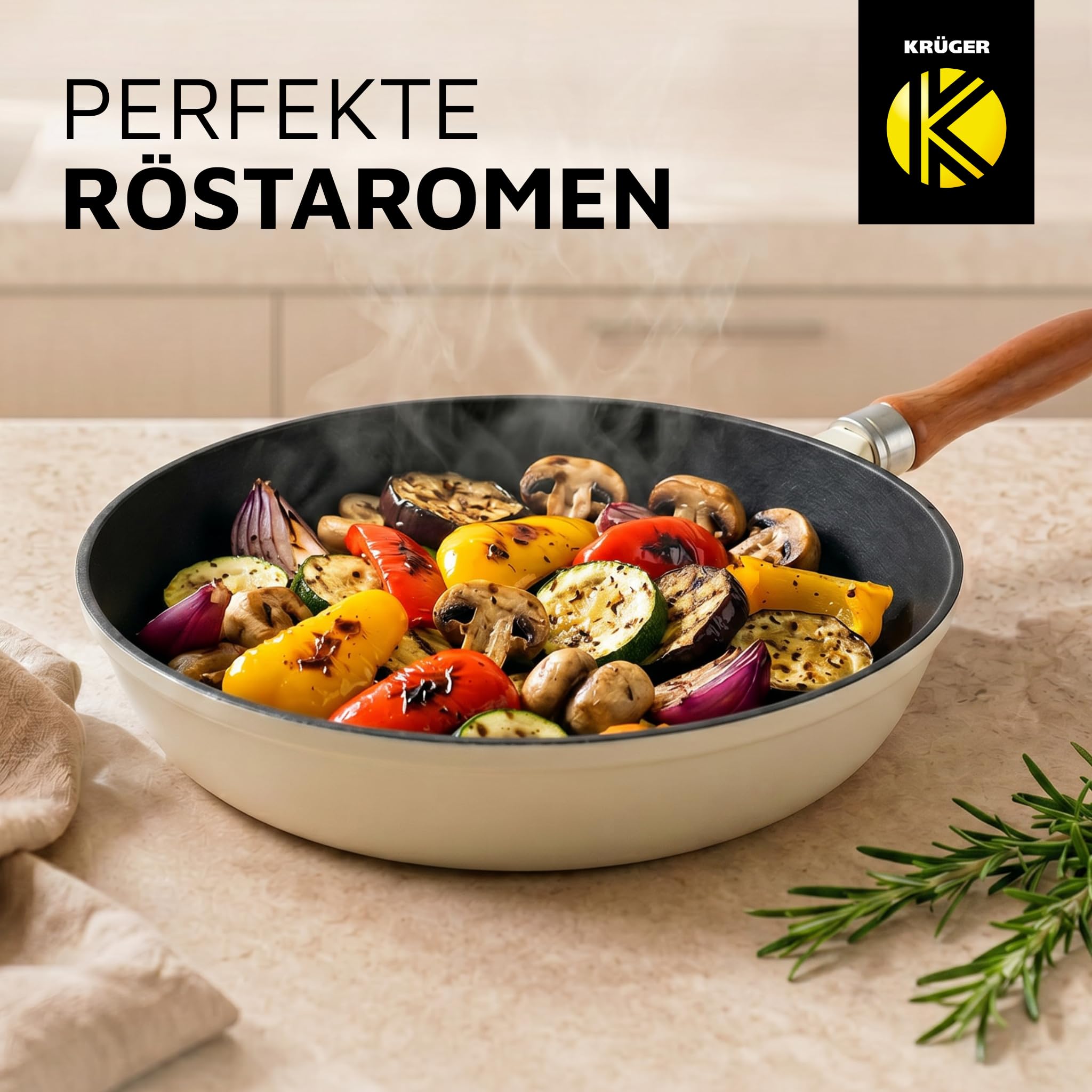 Krüger Gusseisenpfanne mit Holzgriff - emailliert - außen creme, innen schwarz matt - hohe Hitzebeständigkeit - sehr gute Wärmespeicherung -für alle Herdarten inkl. Induktion geeignet (Savanna, 24 cm)