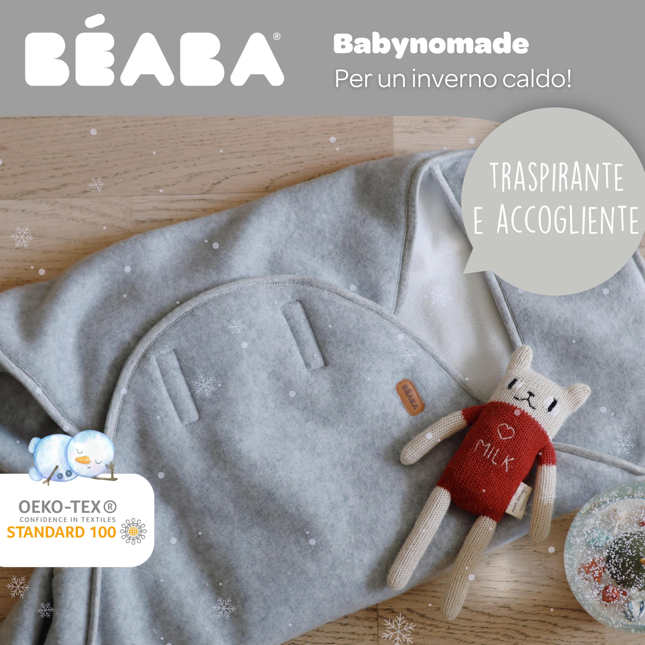 BÉABA, Babynomade Doppio Pile Polare, Coperta Invernale per Neonati, Compatibile con Seggiolino Auto/Pram/Sat, Morbida, Calda, Idrorepellente, Traspirante, Passaggio Imbracatura,Grigio/Bianco,0-6 Mesi