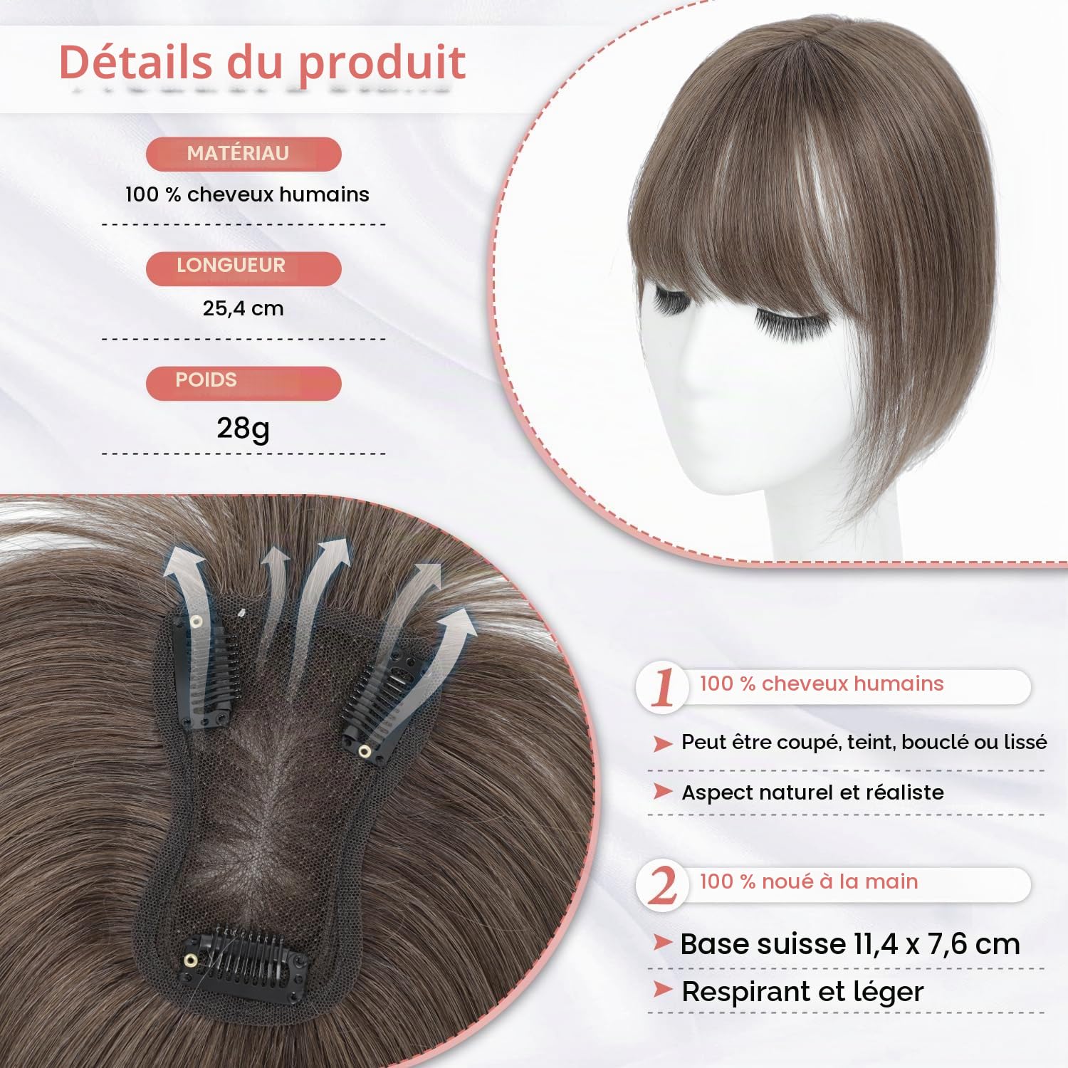 Postiches pour femmes avec cheveux humains - Postiche avec frange tissée à la main - Base suisse - (Brun cendré foncé)