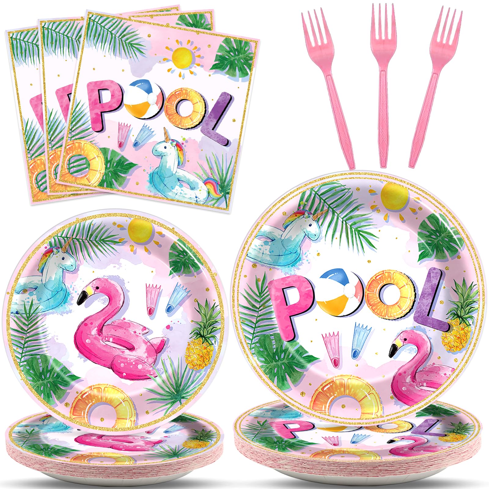 96Pcs Pink Pool Party Plates and Napkins Summer Beach Birthday Party Supplies Ball Theme Flamingos Unicorns Dessert Plates Forks Tableware Disposable