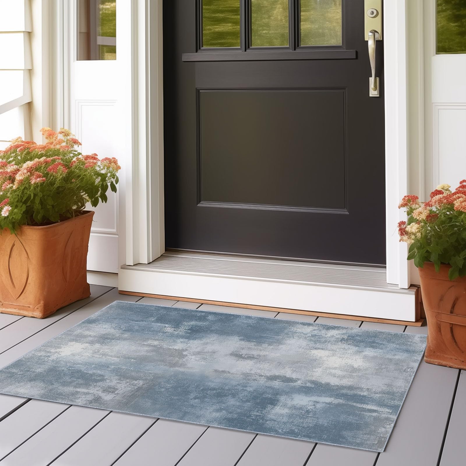Tapis Salon Lavable Imprimé Mode Style Industriel Vieilli, Doux Antidérapant Tapis de Passage Couloir, Cuisine, Entrée, Adulte Enfant Chambre, Descente de Lit Decoration 60 x 120 cm, Bleu-Gris