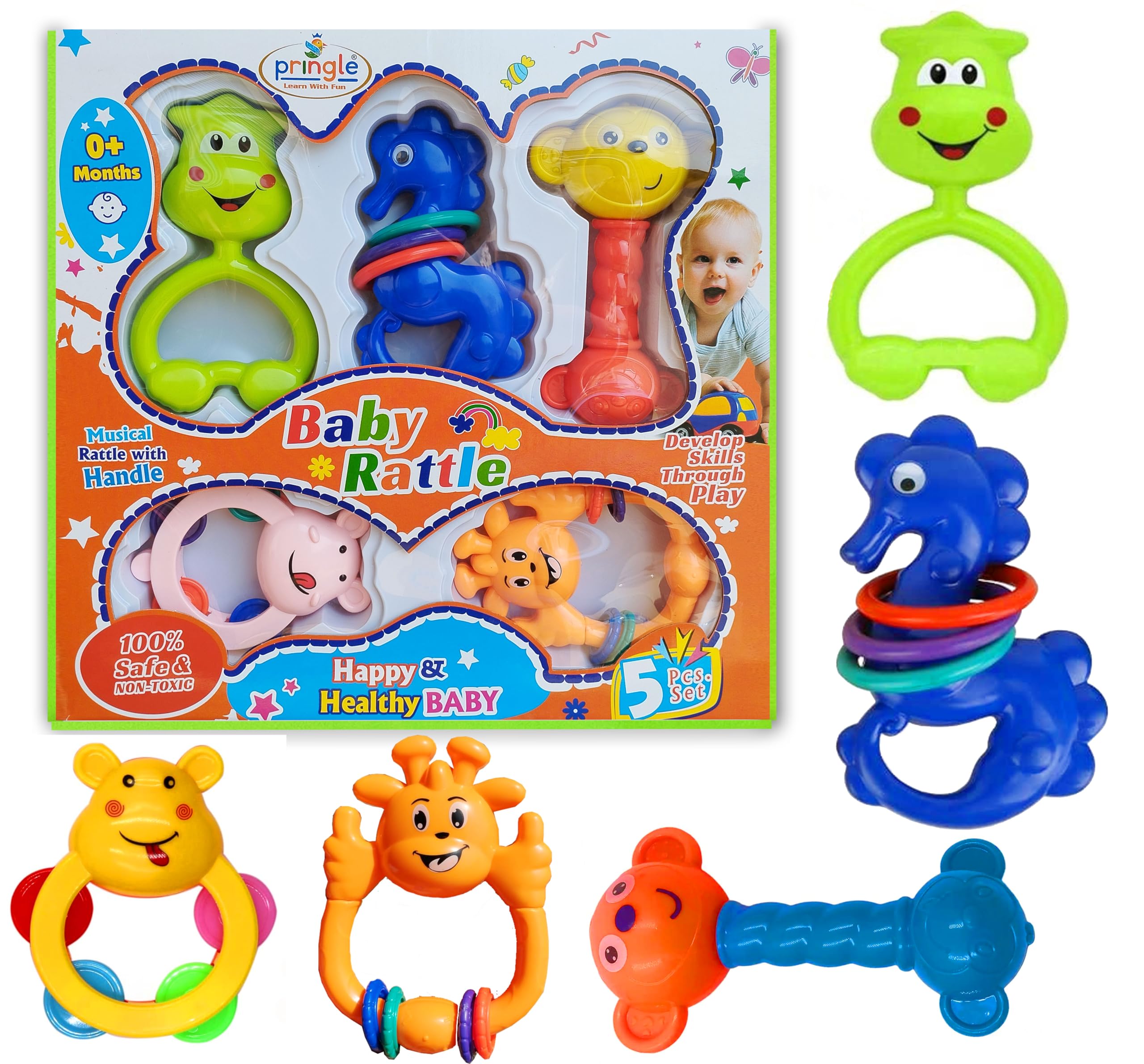 SHUDAUSHI® Multicolor Rattle Toy for New Born Baby Rattle Set with Sound for Babies 0-6 Months Rattle & Teether Toys for Baby Early Development Gift for New Born Baby Name Ceremony/Function (5 Set) (B0CXXHCBGX) Amazon Price History, Amazon Price Tracker