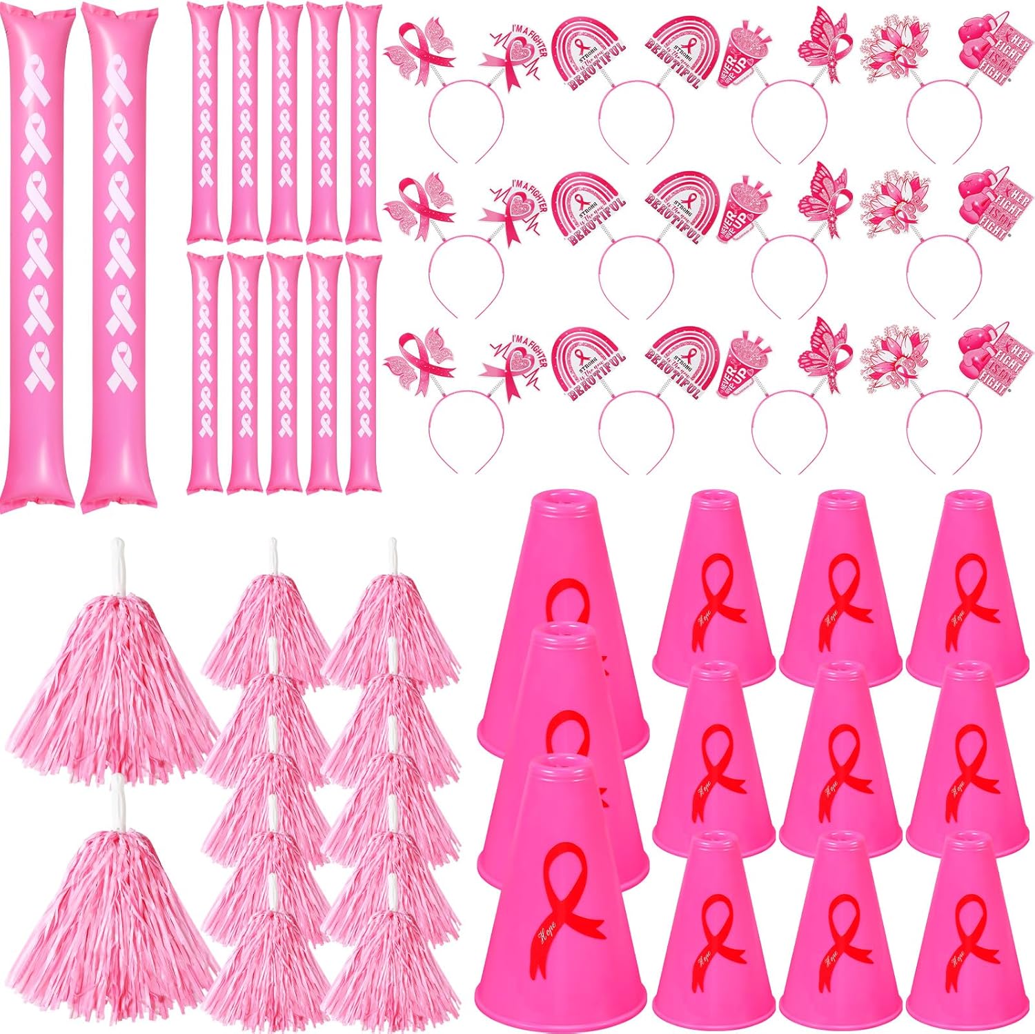 Civaner 12 Sets Breast Cancer Awareness Accessories Make Noise for Beating Breast Cancer Kit Pink Ribbon Cheer Squad Pack for Group Events