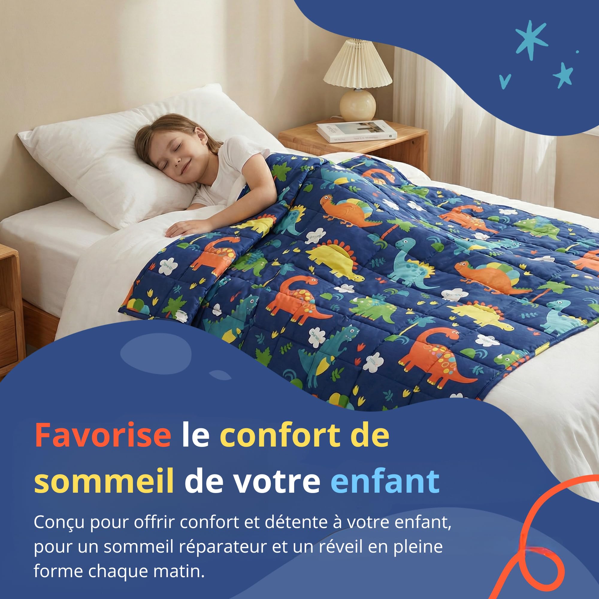 Vonia Couverture Lestée Enfant 3,2 kg Weighted Blanket - 104x152 cm Motif Dino, 100% Coton Respirant, Housse Amovible Lavable, Améliore Sommeil, Dès 3 Ans, Bleu