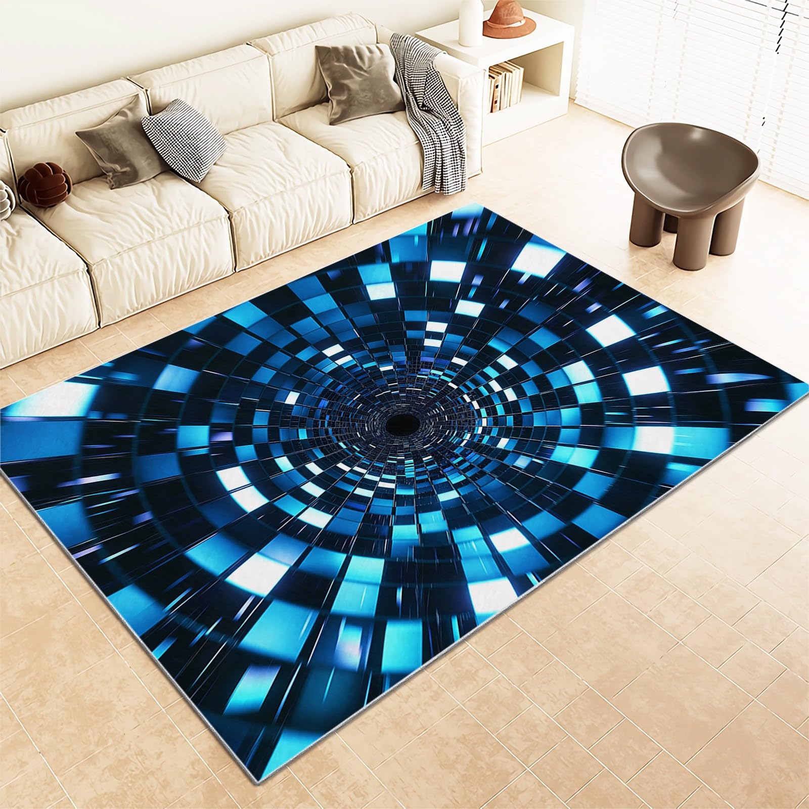 Tapis Doux et Confortable Antidérapant Tapis Lavable en Machine Carpettes 160x230cm Tunnel Effet Trompe L'œIl 3D Tapis à Poil Court de Salon, Salle à Manger Chambre à Coucher, Bleu