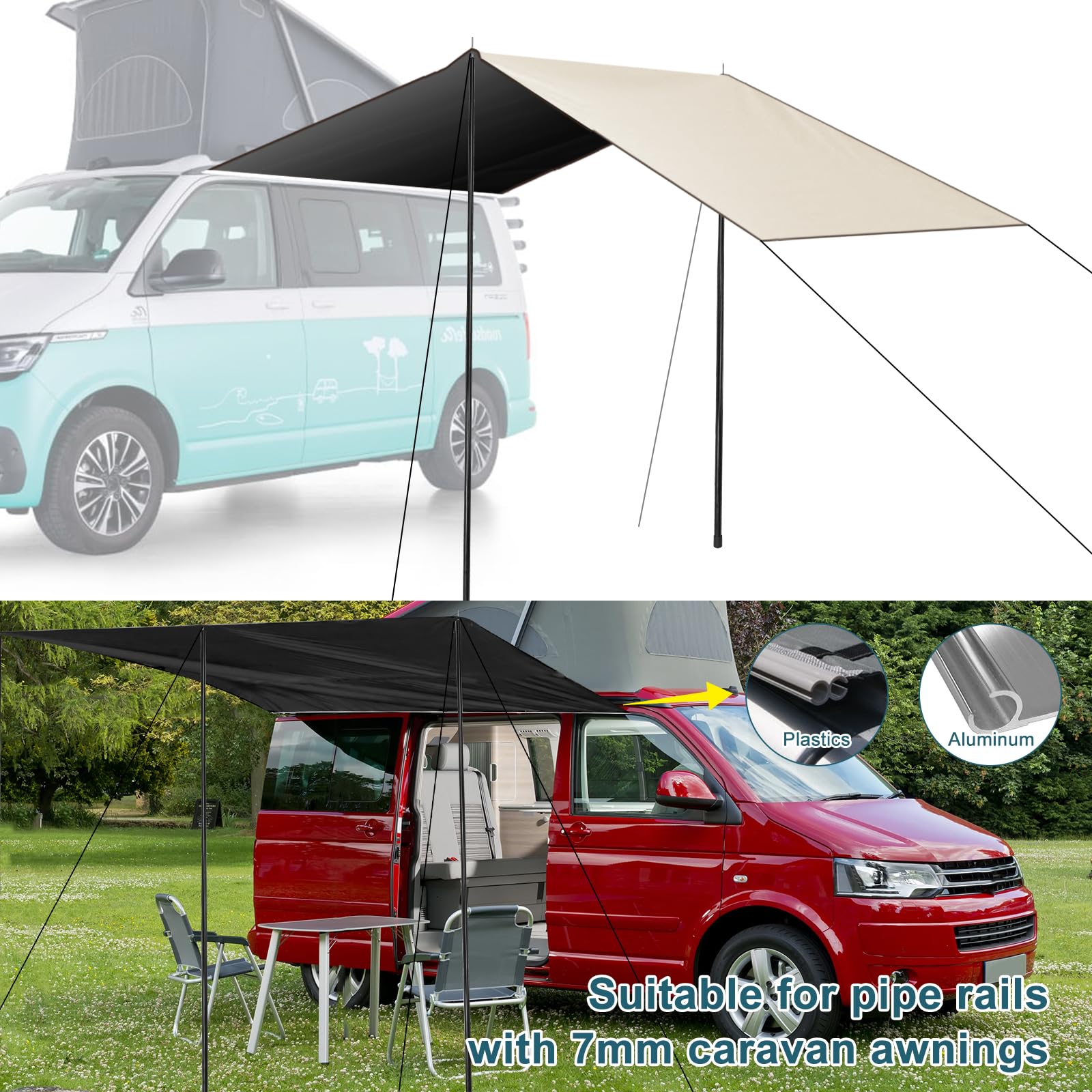 Auvent de Voiture Universel, Auvent Hydrofuge 240 cm/95 Pouces, Voile Ombrage de Voiture pour Camping avec Kits Complets, Montage À Ventouse Flexible