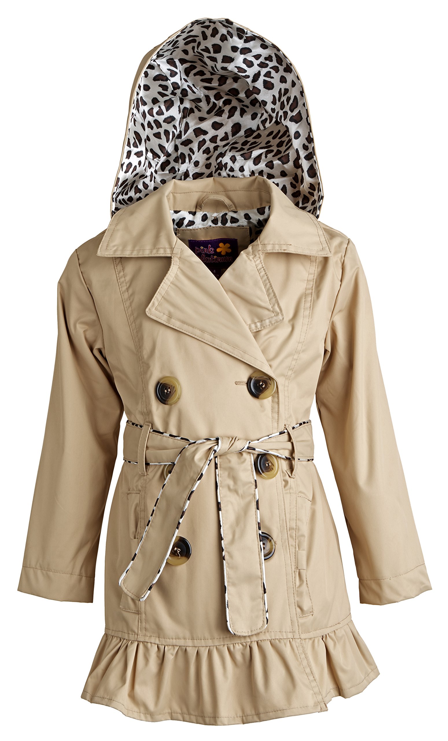 Pink Platinum Little Girls Belted Trench Spring Jacket with Detachable Hood - Khaki (Size 4)