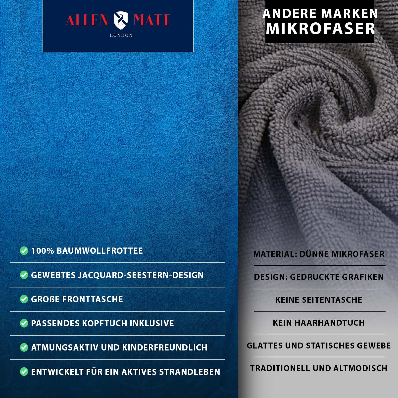 ALLEN & MATE 100% BAUMWOLLE Kinder-Strandtuch-Poncho – Übergroßer, schnelltrocknender Bademantel zum Umziehen mit Kapuze und Tasche für Jungen und Mädchen