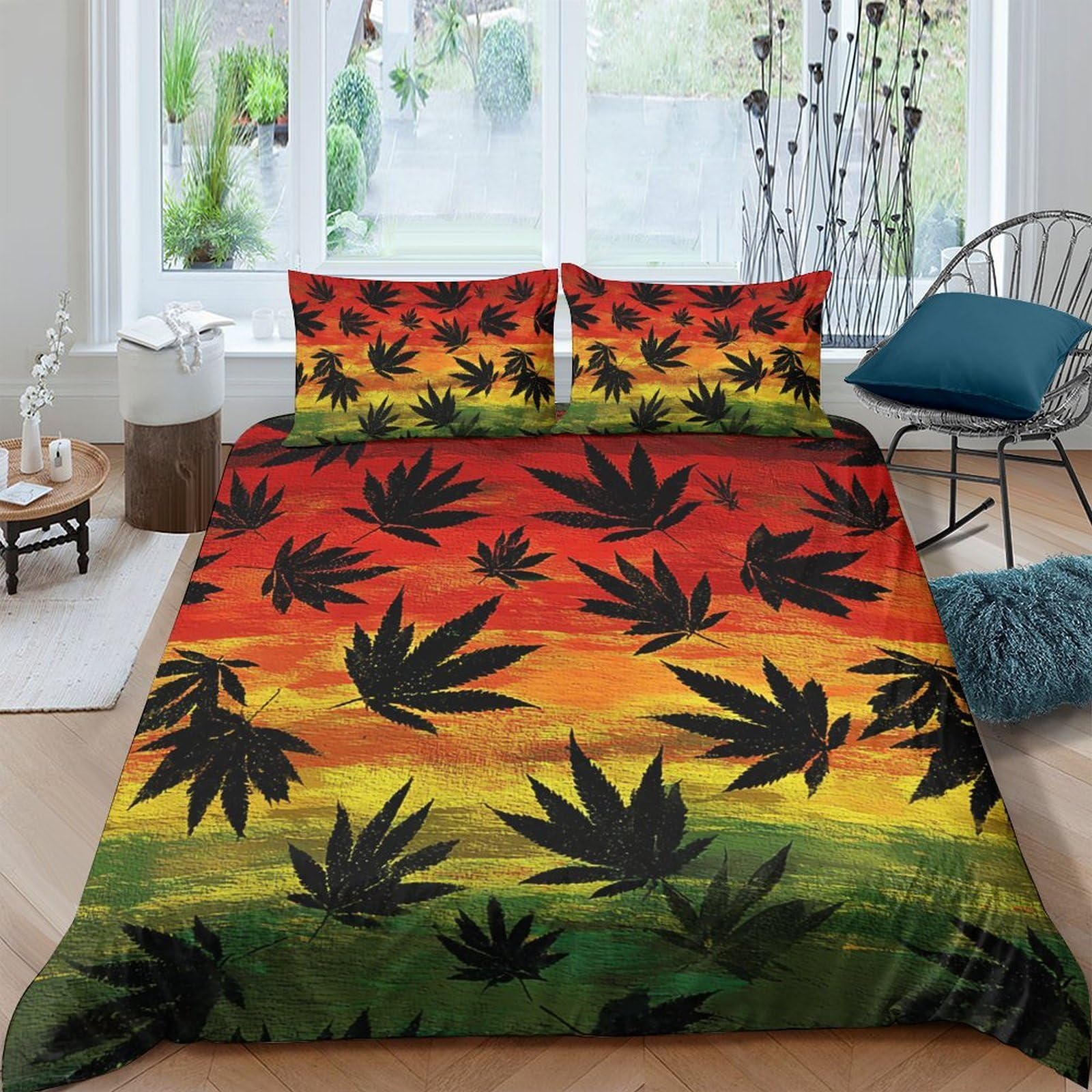 Ctjqhvkz Style-7 3D Printed Rasta Leaf Fitted Sheet Microfiber Soft Red Yellow Green Gradient Bed Cover Non-Slip For Bedroom Home Single（135X200cm）