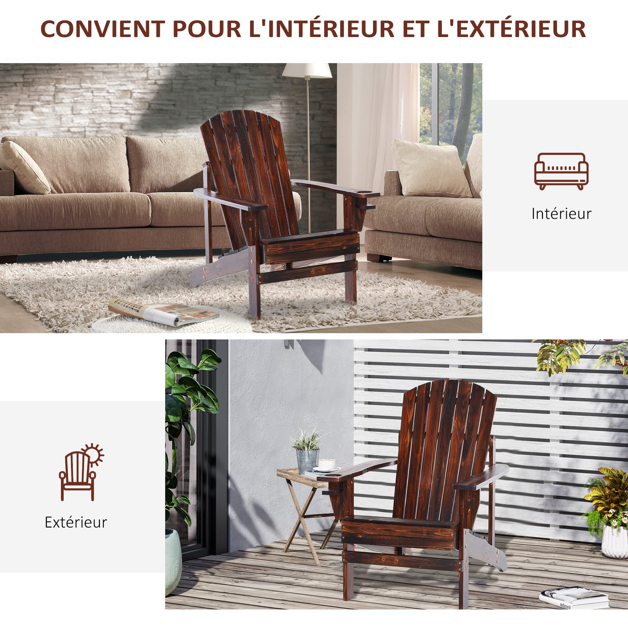 Outsunny Fauteuil de Jardin Adirondack Grand Confort Porte-gobelet intégré Bois de Sapin traité Peint Marron