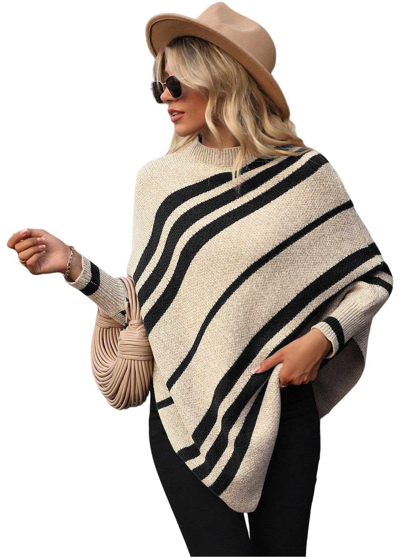 SISKIN Womens Turtleneck Striped Poncho Sweater 2025 Asymmetric Oversized Batwing Casual Pullover Sweater