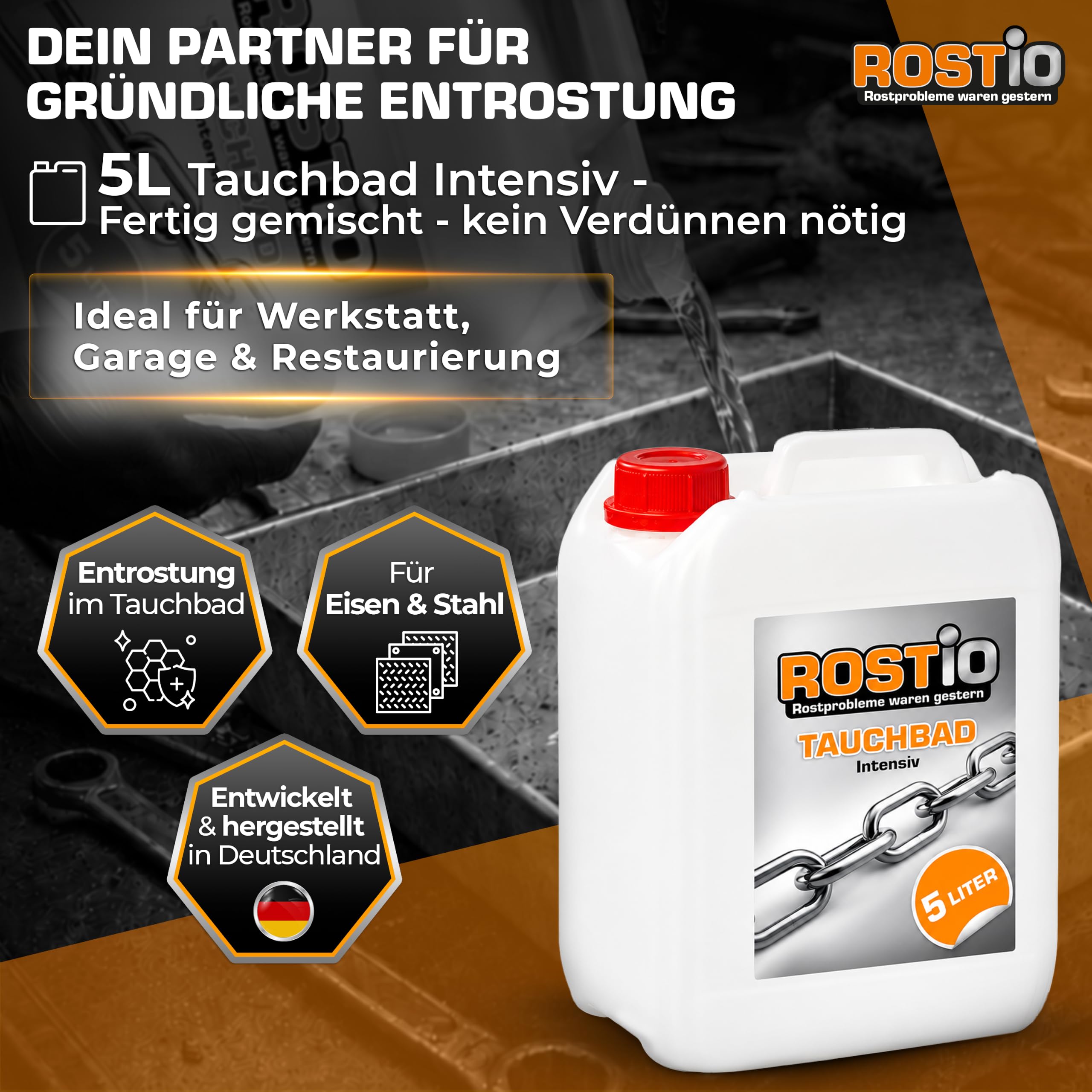 Rostio Tauchbad Intensiv 5 Liter Rostumwandler Rostentferner Rostlöser Entroster - Auto KFZ Motorrad Boot UVM.