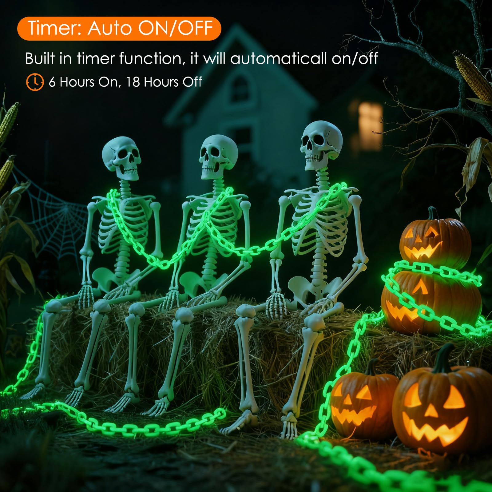 Catene verdi da 3 m a batteria, luci di Halloween, decorazioni di Halloween per esterni e interni, 8 modalità di illuminazione con timer per feste, casa infestata, scheletro, cane, raccapricciante