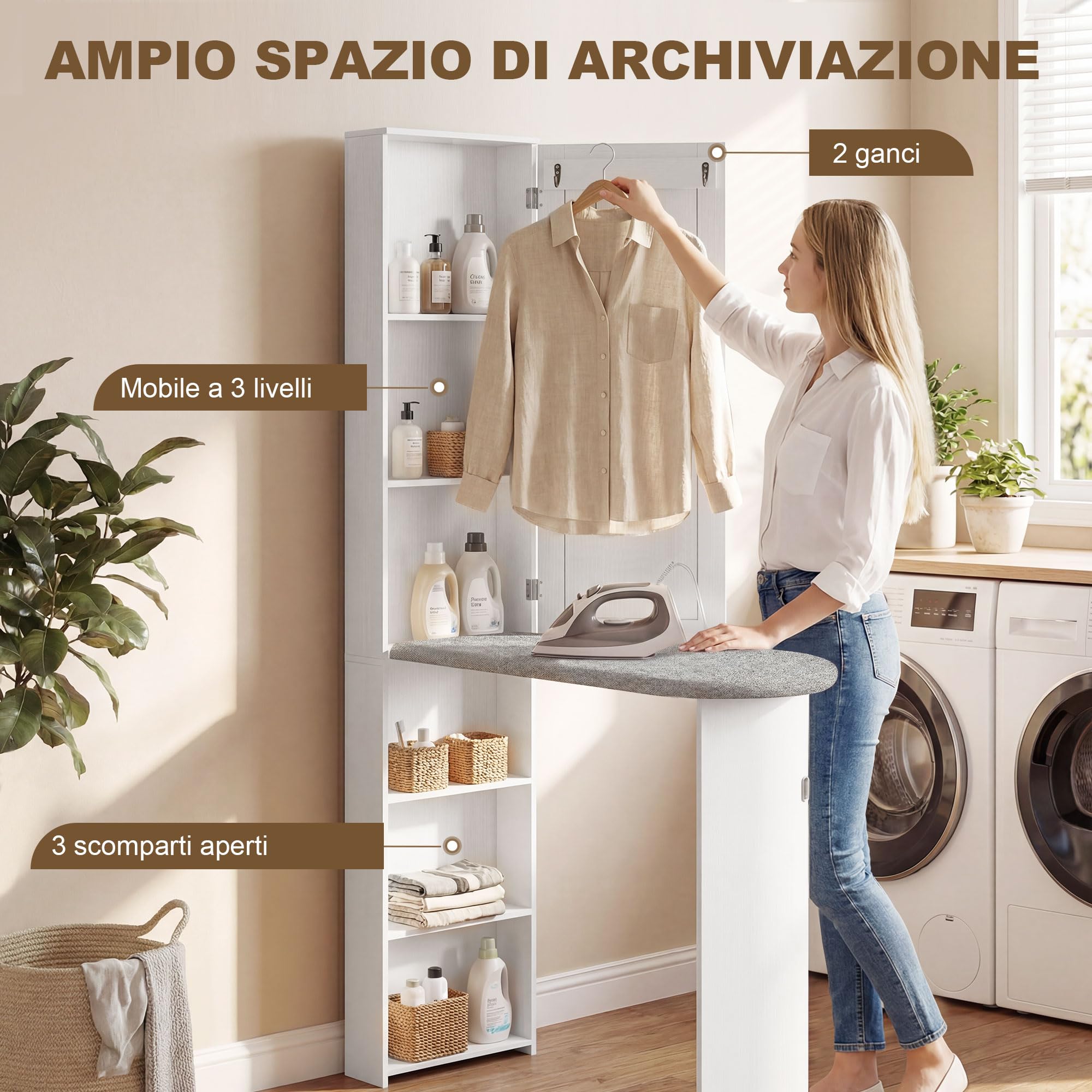 HOMCOM Mobile Asse da Stiro Pieghevole Salvaspazio con Specchio, Mobile da Stiro Multiuso con 6 Scomparti, 2 Ganci, per Lavanderia Bagno, 107x35x174 cm, Bianco