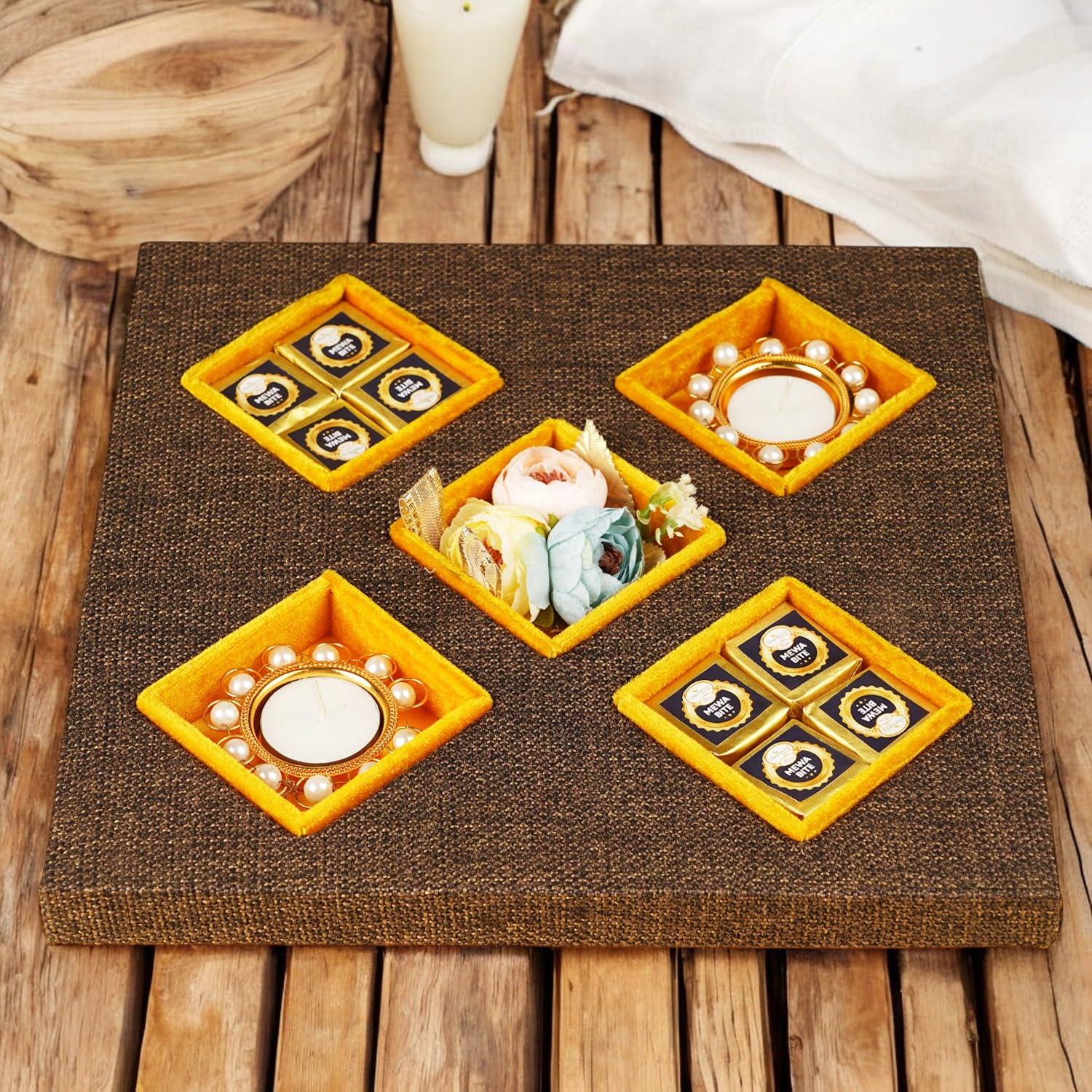 Ghasitaram Gifts Jaiccha Jute 5 part tray with mewa bites|Gift for Diwali,Holi,Valentine,Birthday,Anniversary,Gift for Her,Him,Mothers Day,Fathers Day|