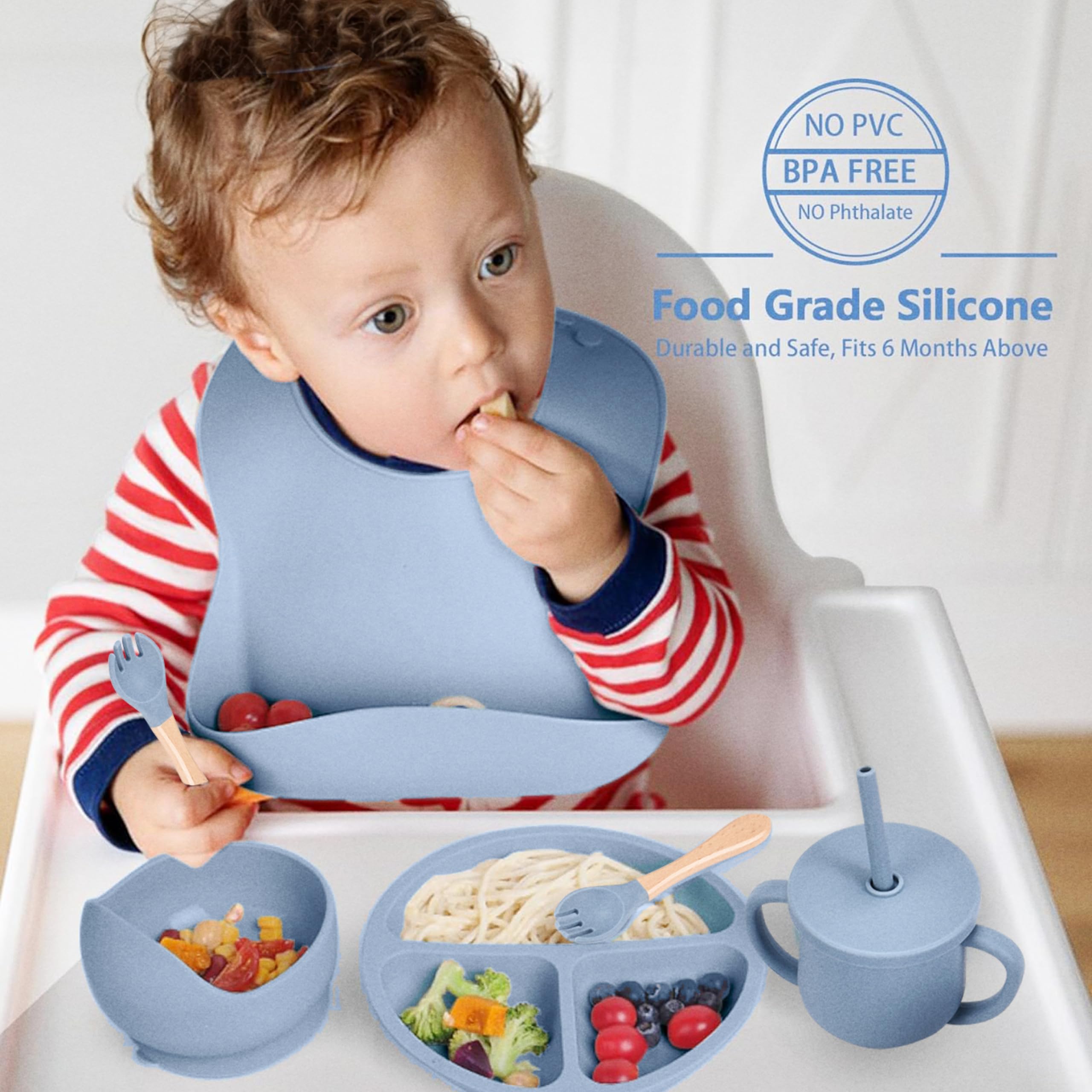 Childlike Behavior Baby Blue Weaning Set of 6 - Silicone Feeding - Self Feeding Baby Wooden Fork and Spoon, Plates, Bibs, Easy to Grip, Dishes and Cups - Elephant Eating Learning Essentials