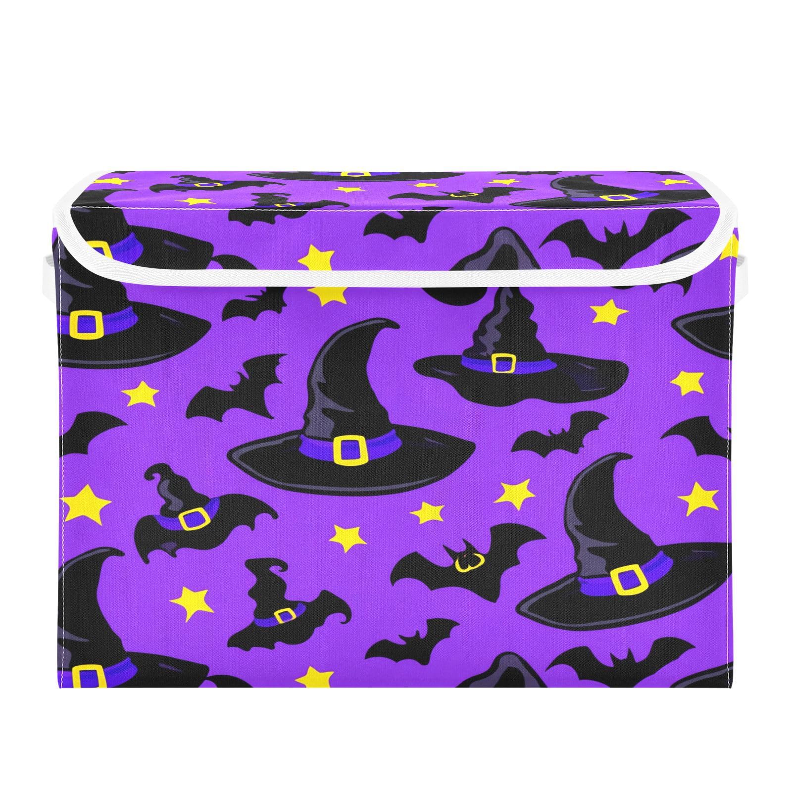 Wassud Halloween Storage Baskets with Lids Black Witch Hats Collapsible Bins Stackable Fabric Linen Baskets Closet Organizer Container 16.5"x12.6"