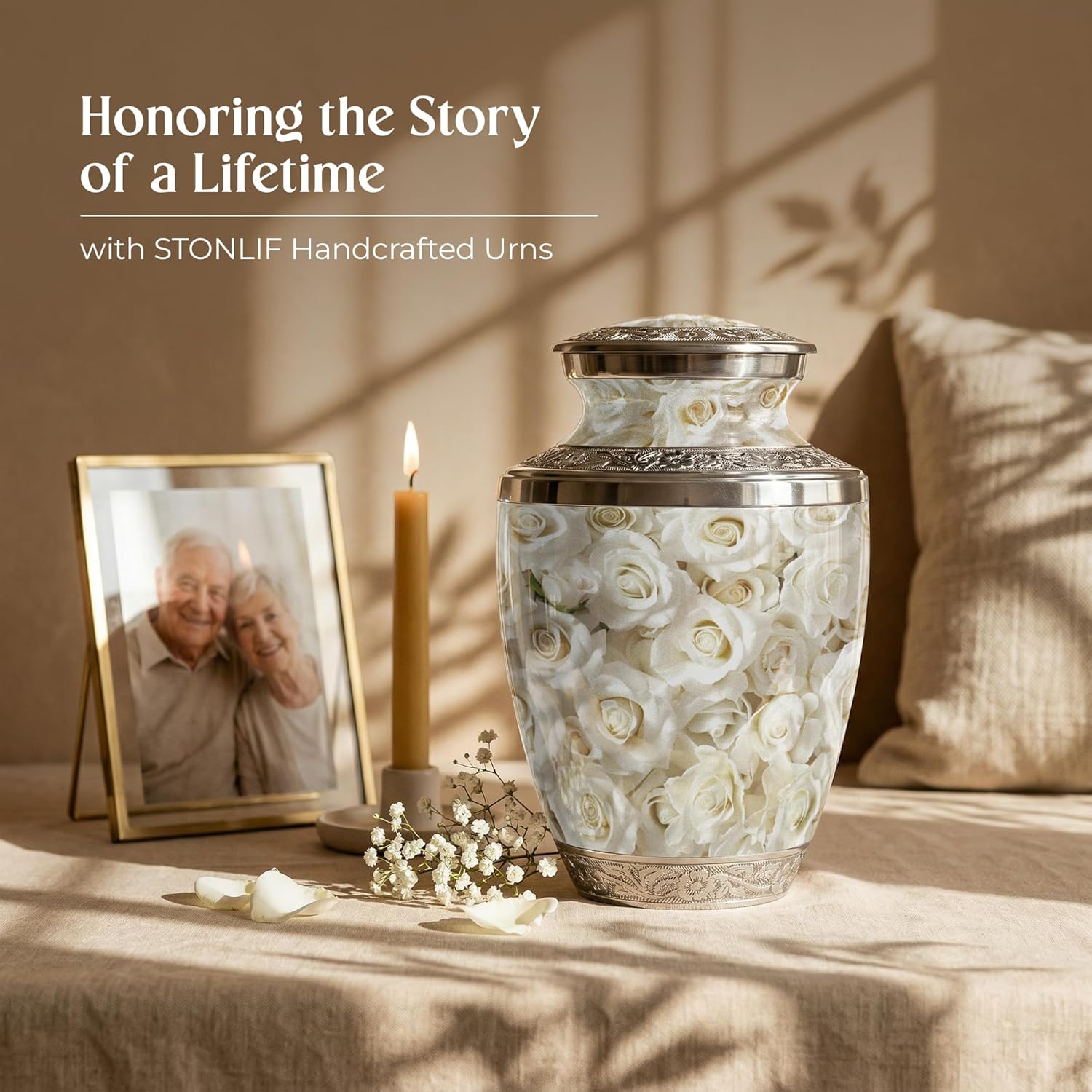 White Rose Cremation Urn for Human Ashes Adult – Large Decorative Burial Urn for Men & Women – Floral Memorial Keepsake Funeral Urns for Human Ashes for Home Display or Cemetery Burial Aluminum
