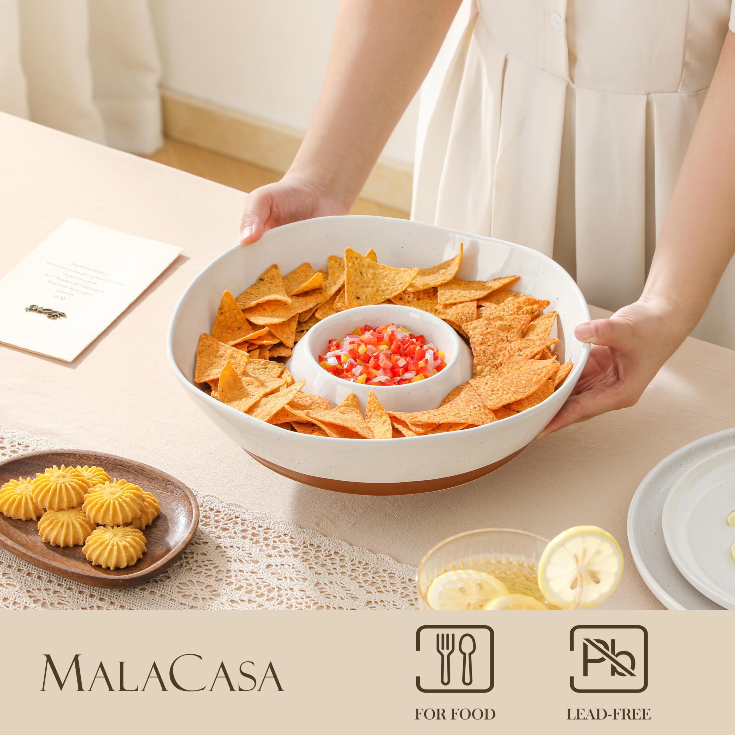 MALACASA Servierplatte für Chips und Dips, 30.5 cm Großer Teller mit Dipschalen für Chips & Salsa, Nacho & Dips, Obst, Vorspeisenplatte für Partys und Gäste, Weiß