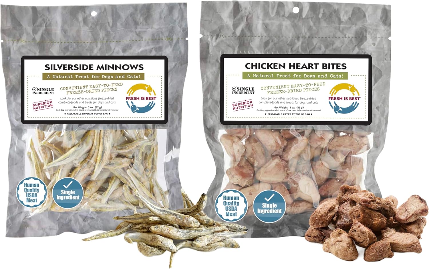 Fresh Is Best Silverside Minnows, and Chicken Hearts Freeze Dried Dog Treats Bundle – High-Protein Minnows for Cats and Dogs – Resealable Zipper Bag Dog Training Treats – Made in USA