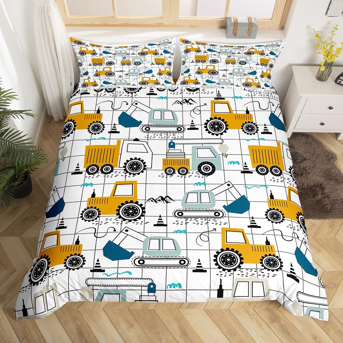 Feelyou Construction Excavator Comforter Cover Set Kids Twin