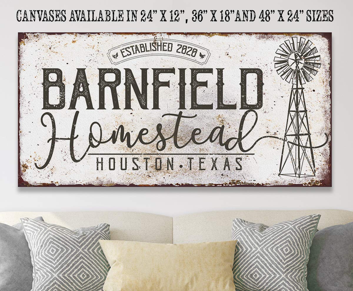 Personalized Homestead Windmill Print - Windmill Wall Decor Farmhouse, Custom Print with Name, Year Established and City State, Great Housewarming Gift, Rustic Metal Style Stretched Canvas Print