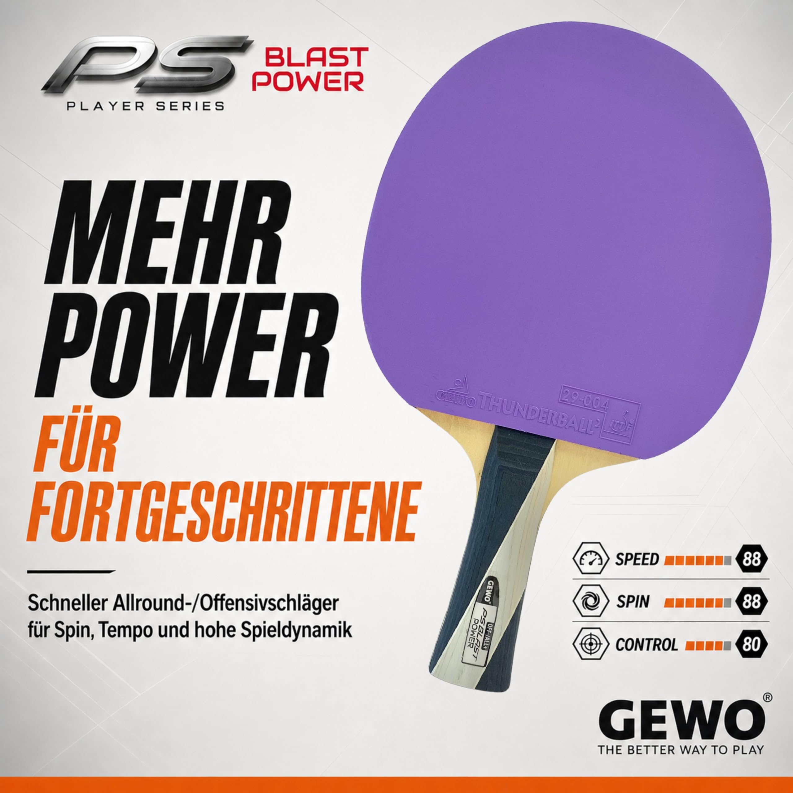 GEWO PS Blast Power rakieta do tenisa stołowego – profesjonalna rakieta do tenisa stołowego z kontrolowaną powłoką Thunderball 2 i wysokimi właściwościami obrotowymi, wklęsła, gąbka 1,8 mm