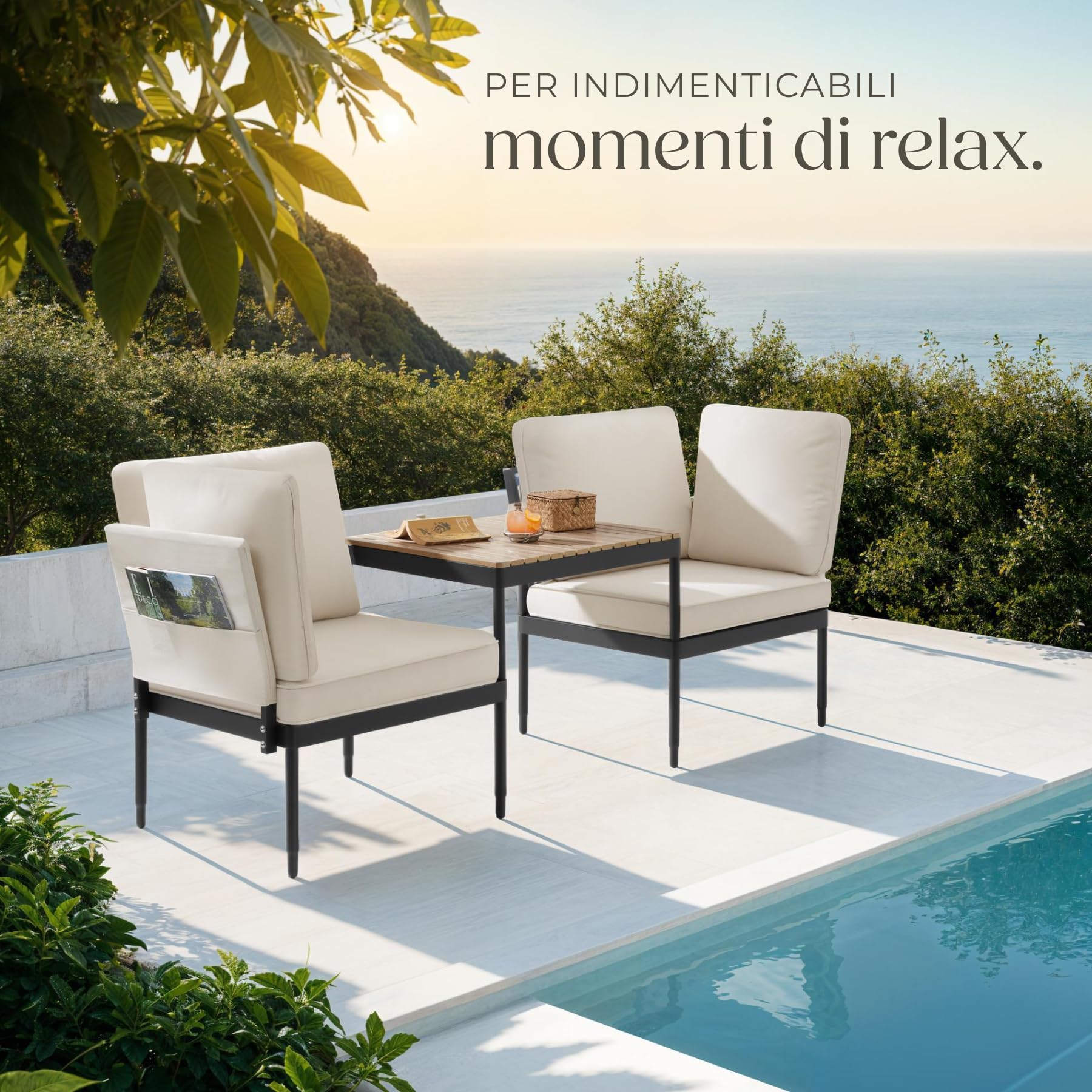 tectake® Set salotto da giardino 5in1, schienale regolabile, tavolino effetto legno, telai in alluminio, cuscini idrorepellenti, braccioli con tasca, divanetto da esterno, set salotto sedie e tavolo