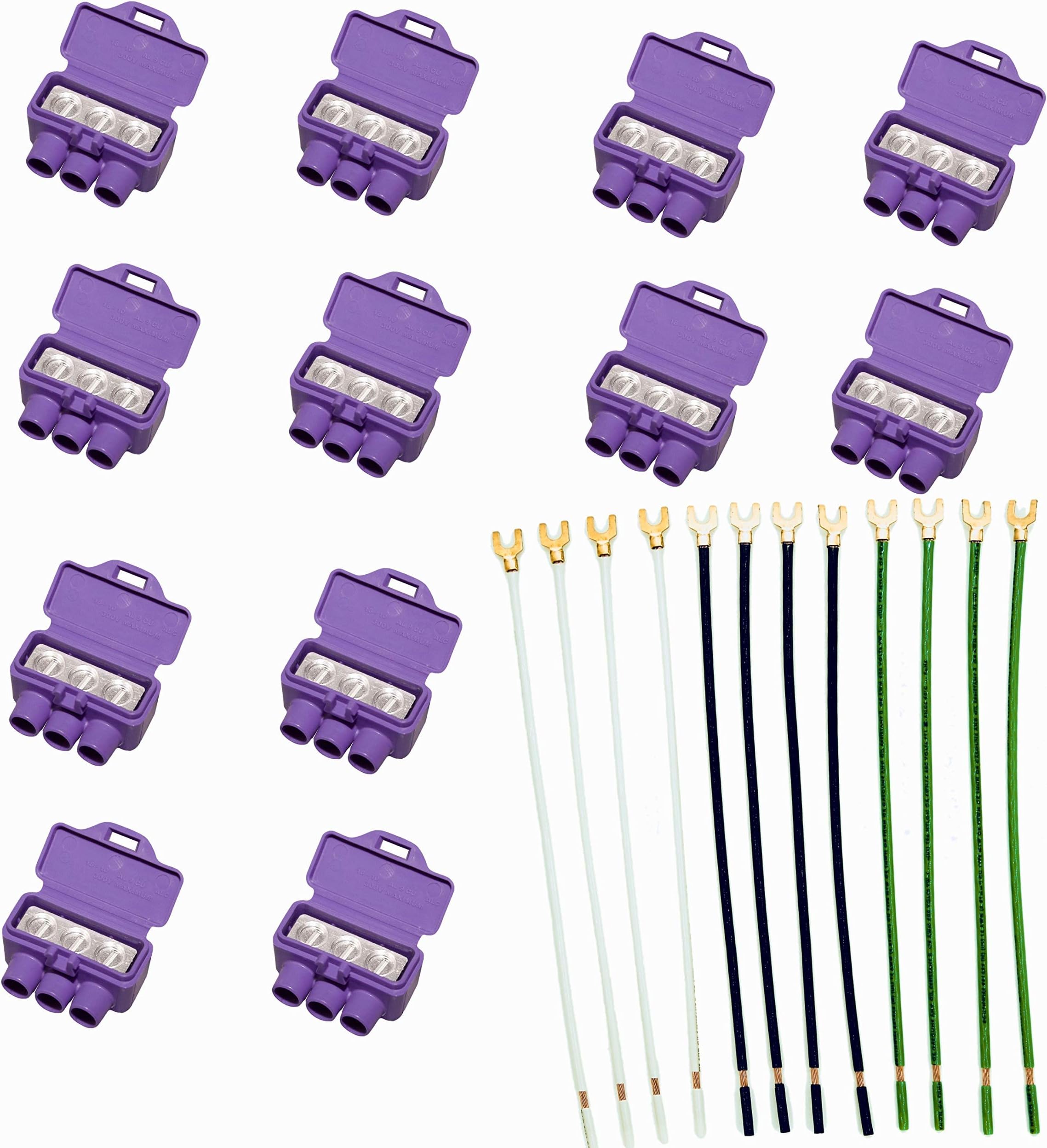 3-Port AlumiConn Connector with Stranded Pigtails, kit by DoodleYolk Inc 12-Pack Aluminum to Cooper UL listed Lug includes Color Coded 12-Gauge Wire - Makes connections with aluminum conductors safe -