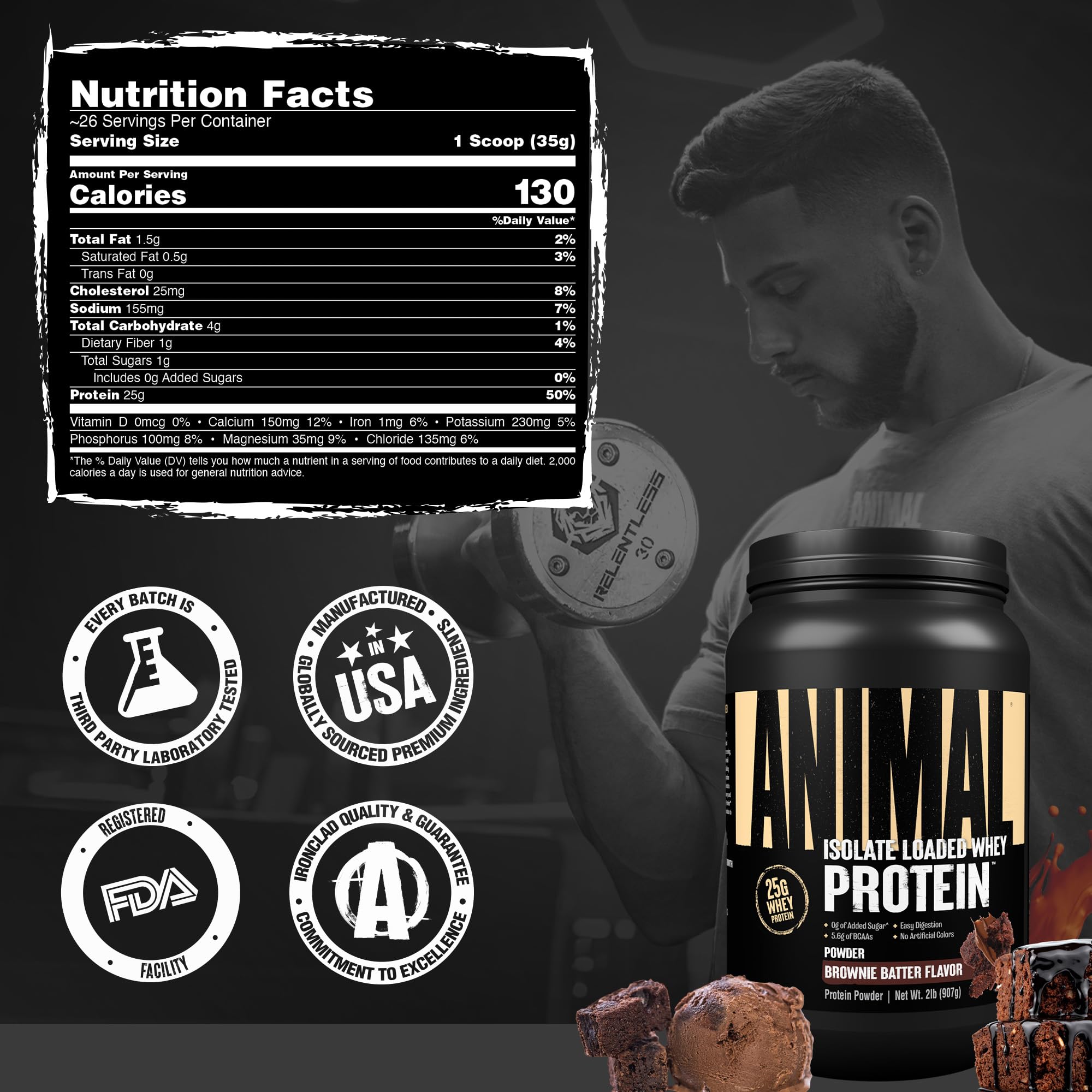 Animal Whey Isolate Protein Powder - Loaded for Pre & Post Workout Muscle Builder and Recovery with Digestive Enzymes for Men & Women - 25g Protein, Great Taste, Low Sugar - Brownie Batter 2 lbs