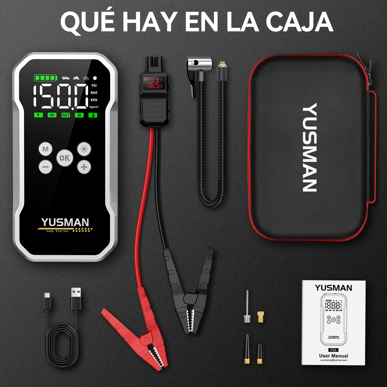 YUSMAN Arrancador de Baterias de Coche con Compresor de Aire, 12V Arrancador Coche Portatil con Inflador, Linterna LED de Emergencia