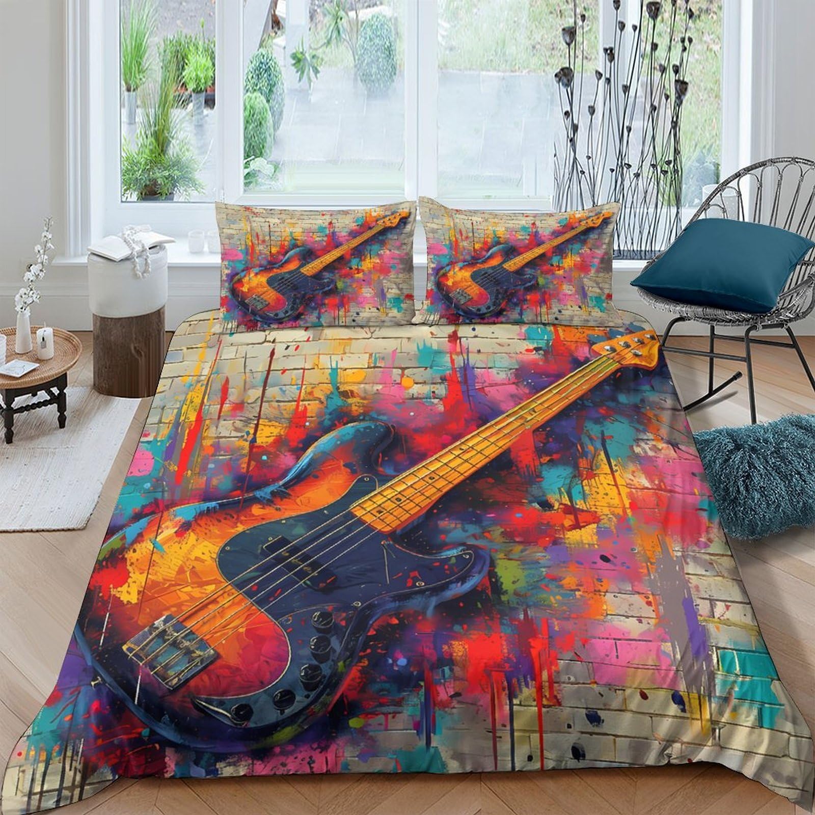 Ctjqhvkz Style-3 3D Printed Electric Guitar Fitted Sheet Microfiber Colourful Abstract Art Bed Cover For Bedroom Dorm Mattress Decor Single（135X200cm）