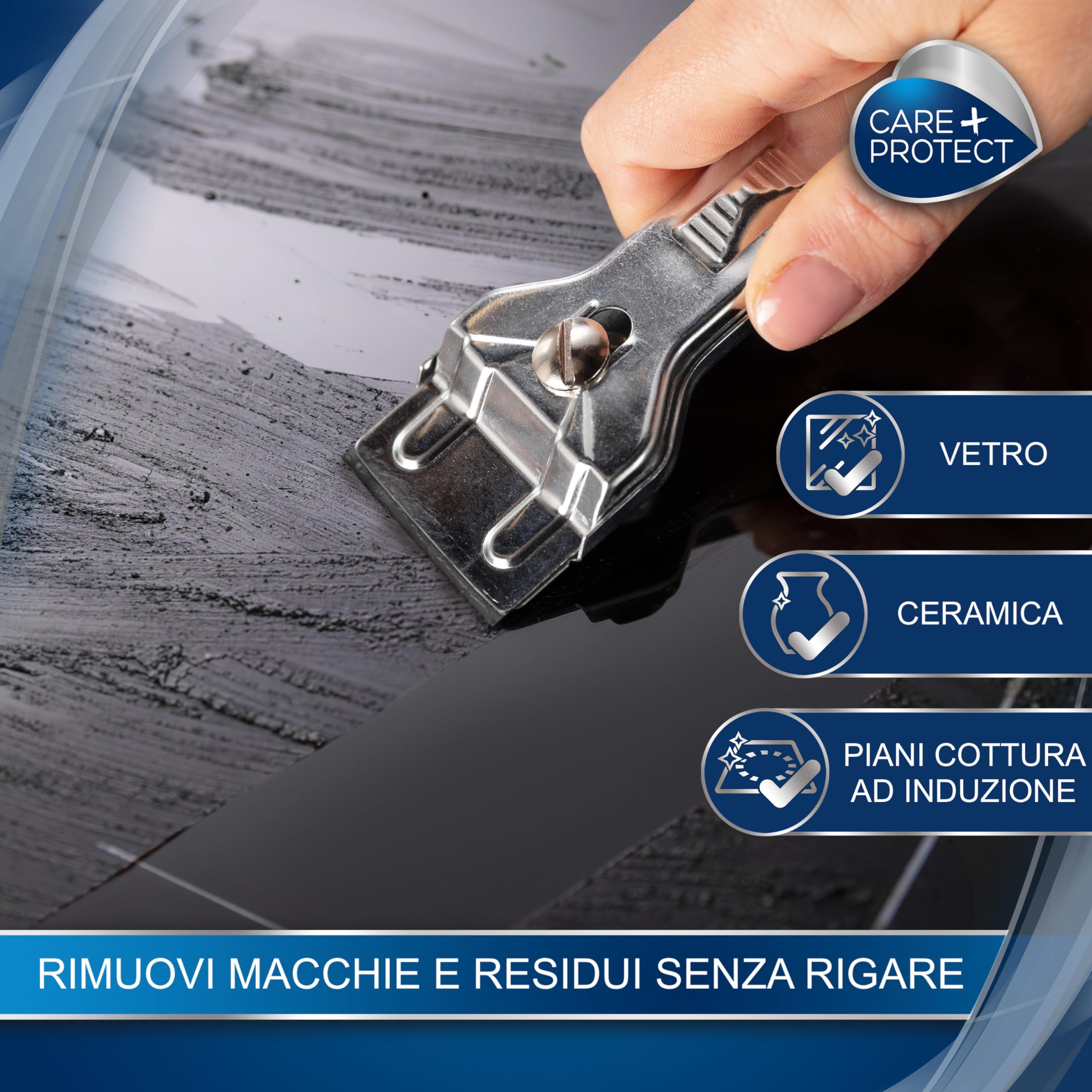CARE + PROTECT Raschietto per la pulizia di piani cottura in vetroceramica/a induzione. Il raschietto, sicuro da usare, rende le superfici lucide e brillanti senza graffiarle. La lama è sostituibile