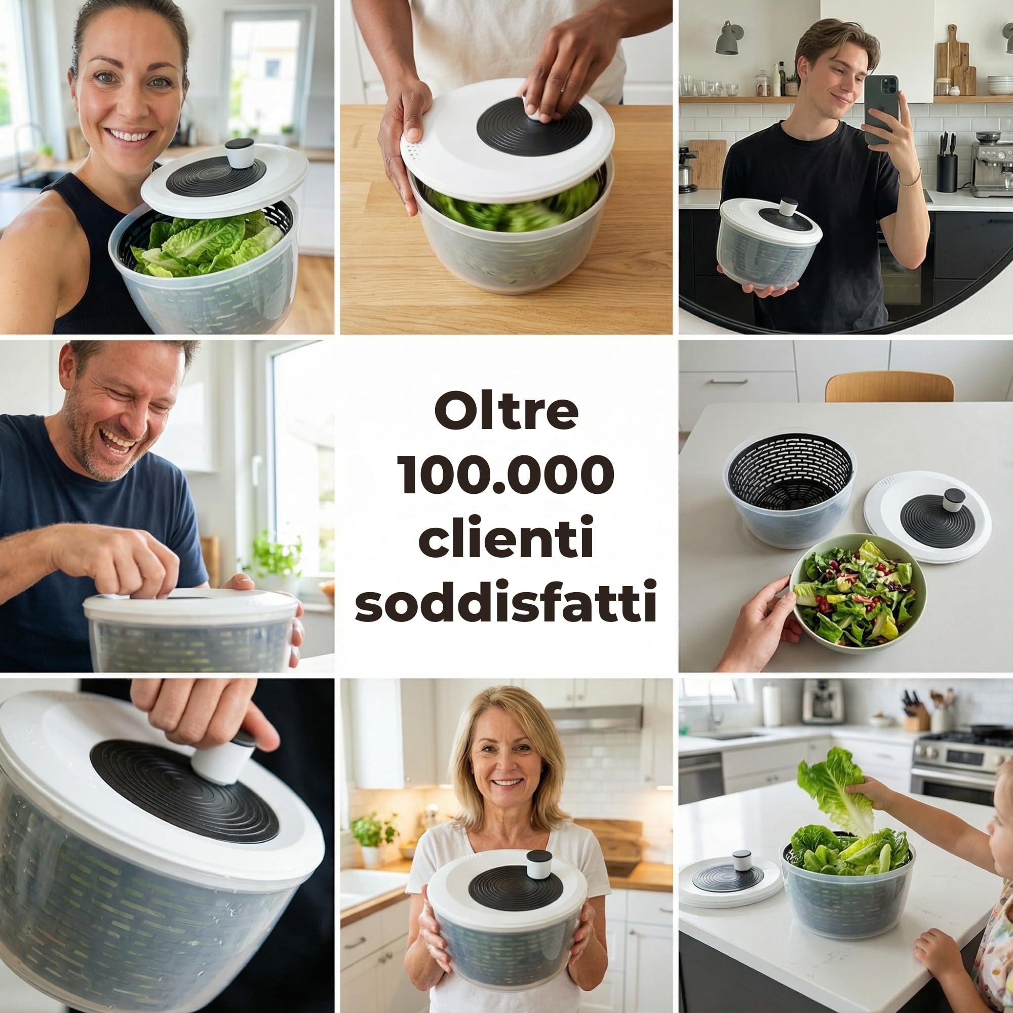 Centrifuga insalata Premium 5 L – 60 giorni di prova senza rischi – 2 in 1 antiscivolo: centrifuga & insalatiera – Ø 24,5 cm – senza BPA – lavastoviglie – per asciugare l’insalata – eBook incluso