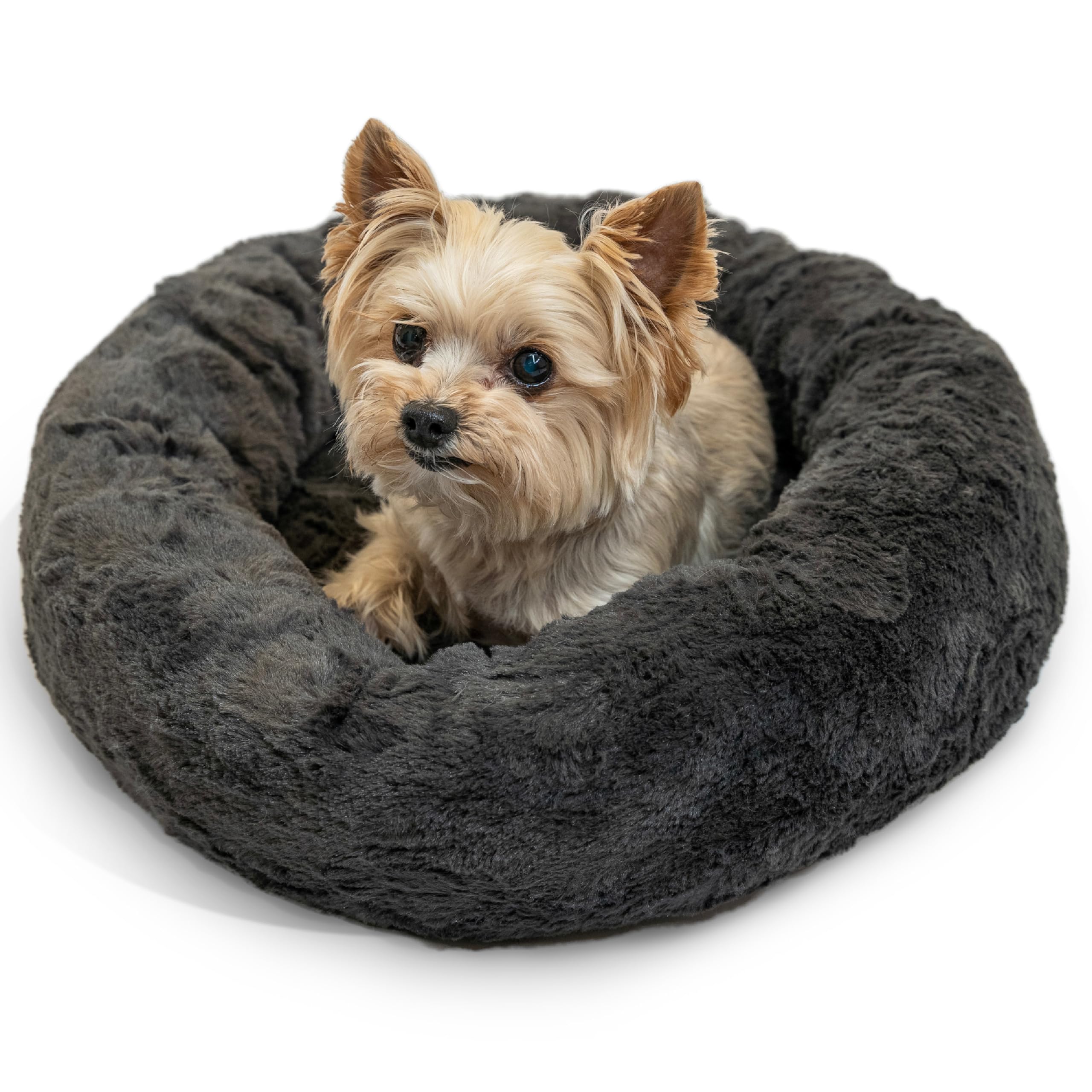 Best Friends by Sheri The Original Calming Donut Dog Bed for Extra-Small Dogs up to 10 lbs, Lux Faux Fur, Mink Dark Gray, 18" x 18"