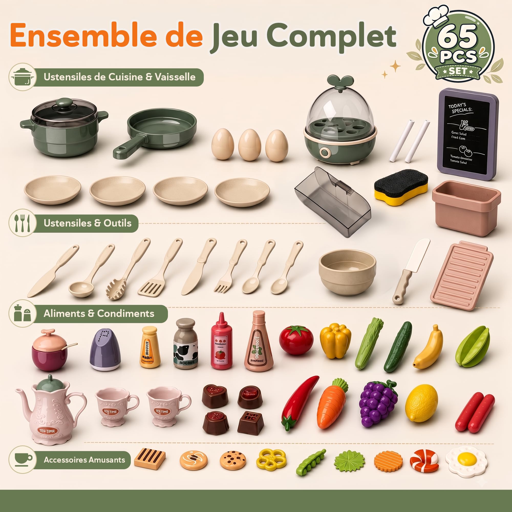 Kinderplay Cuisine Enfant - Hauteur 93.5 cm, Plan De Travail 46 cm - 65 Accessoires | Dinette | Cuisine Fille Complete, KP3297