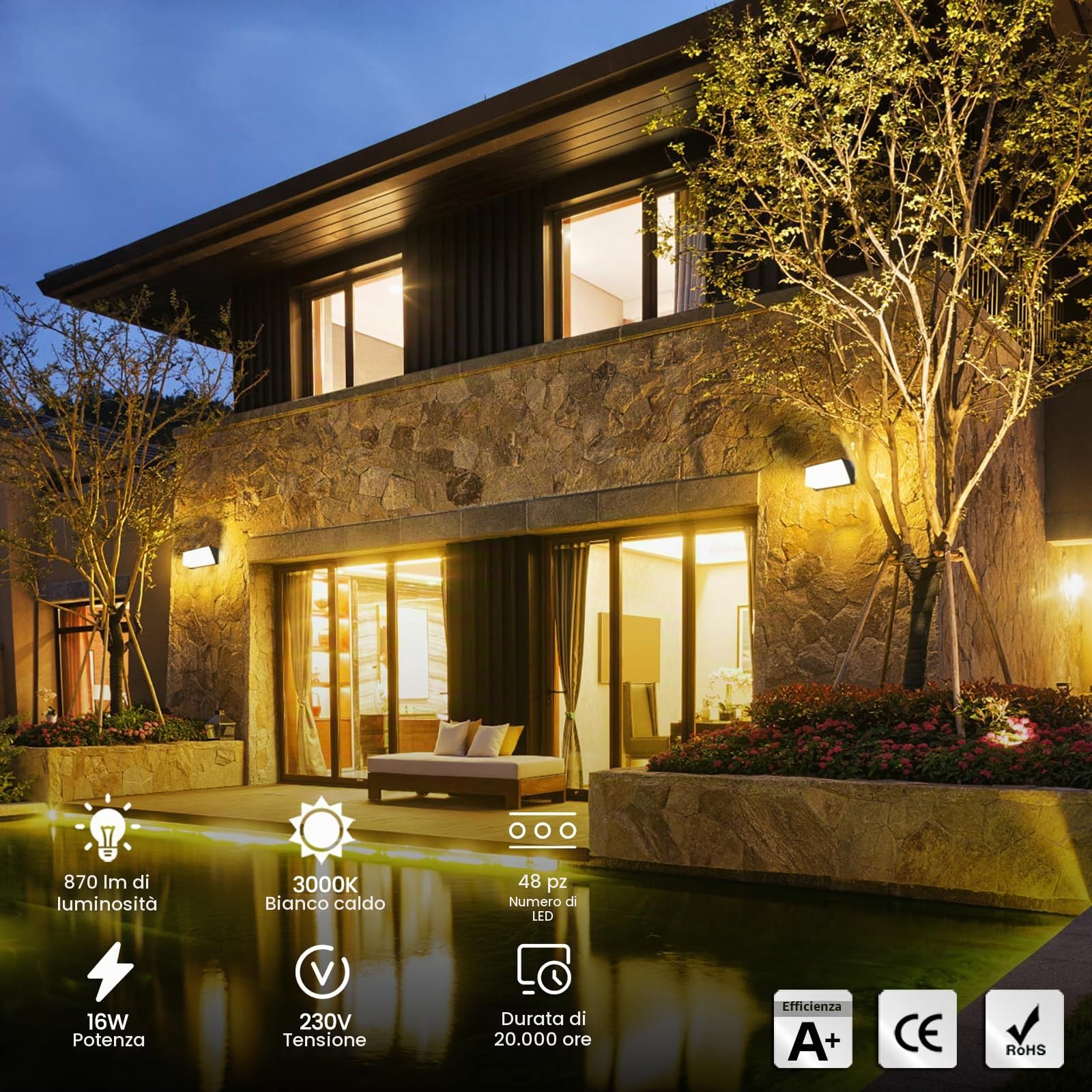 HLFVLITE Lampada da Parete LED per Esterni, Applique da Giardino in Alluminio, IP54 Impermeabile, 870LM 3000K Bianco Caldo, Grigio Antracite