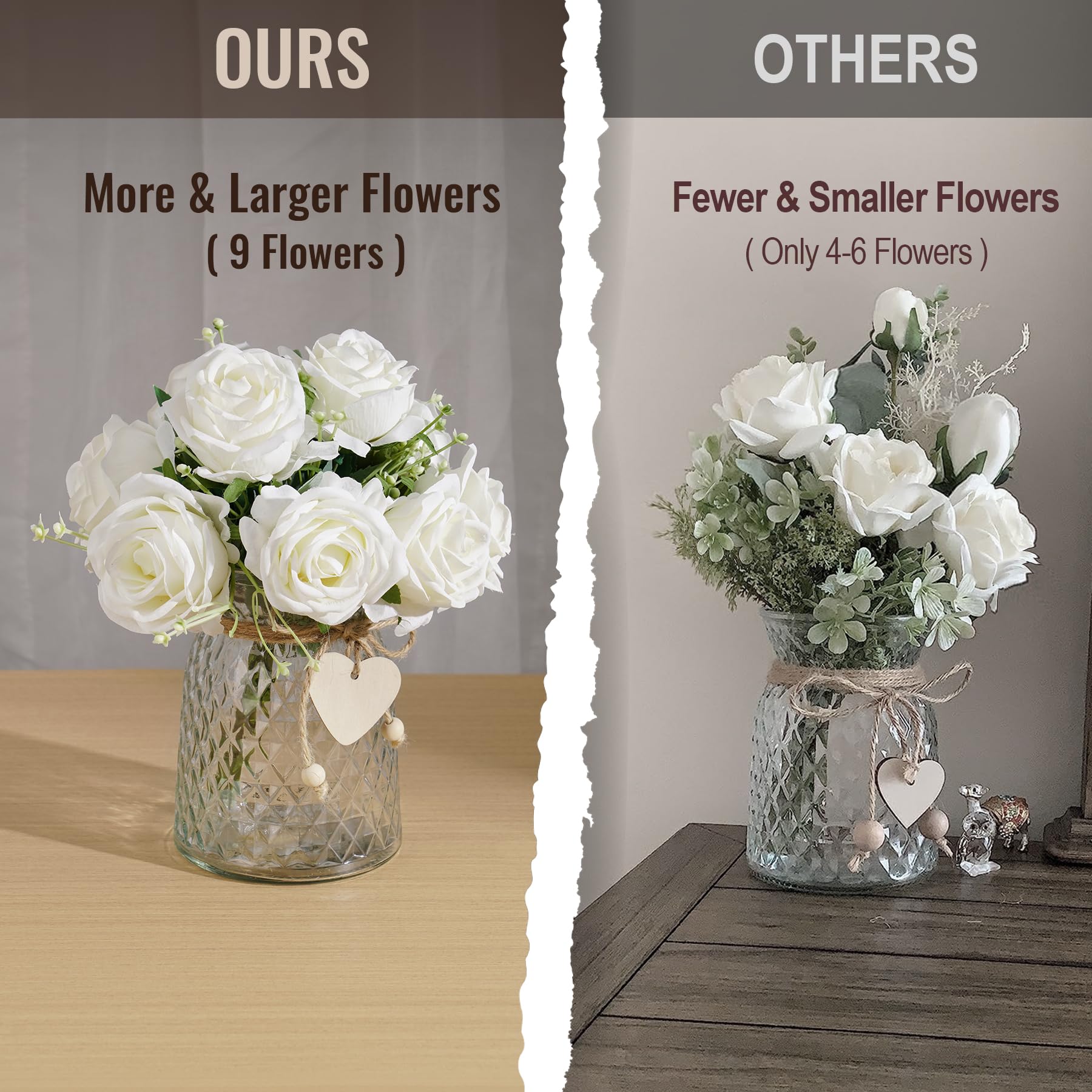 NiHome Künstliche Blumen mit Vase, Realistische Seidenblumen mit Herz- und Kugelanhängern, Dekorative Blumen für Esstisch, Couchtisch, Wohnzimmer, Badezimmer, Büro und Hochzeitsparty (Weiß)