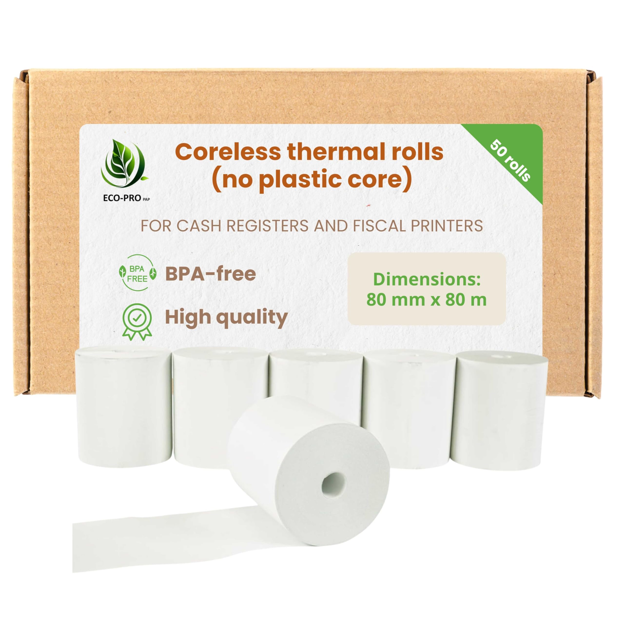 Thermal Rolls Without Plastic Core 80 mm x 80 m, Till Roll Made of BPA-Free Thermal Paper, Designed for Cash Registers and Fiscal Printers - Pack of 50