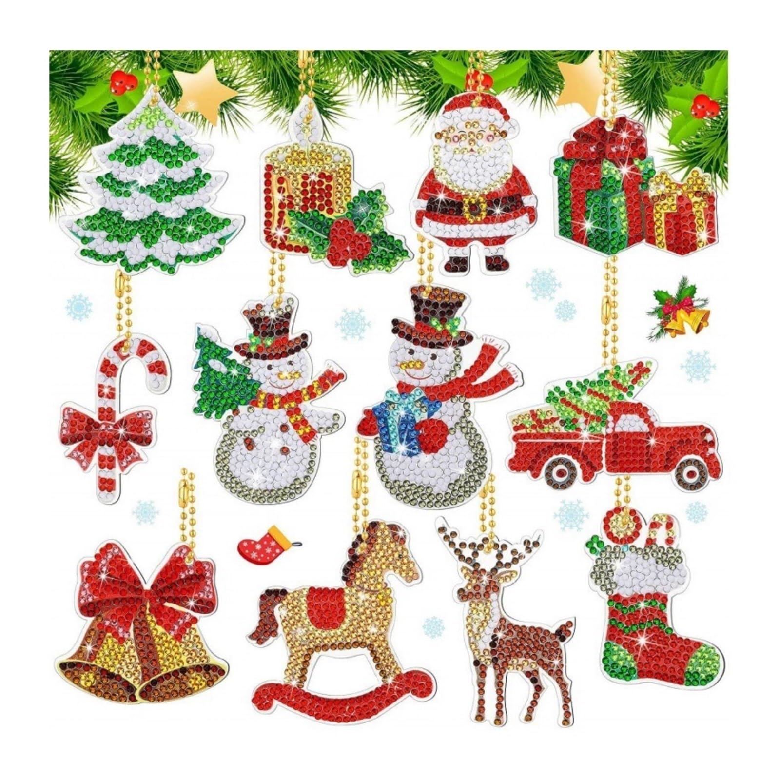 Weihnachts-Diamant-Malerei-Schlüsselanhänger-Set, 12 Stück, 5D-Strass-Ornamente zum Selbermachen, Urlaubsdekoration, komplettes Zubehör für Weihnachtsbaum-Geschenke