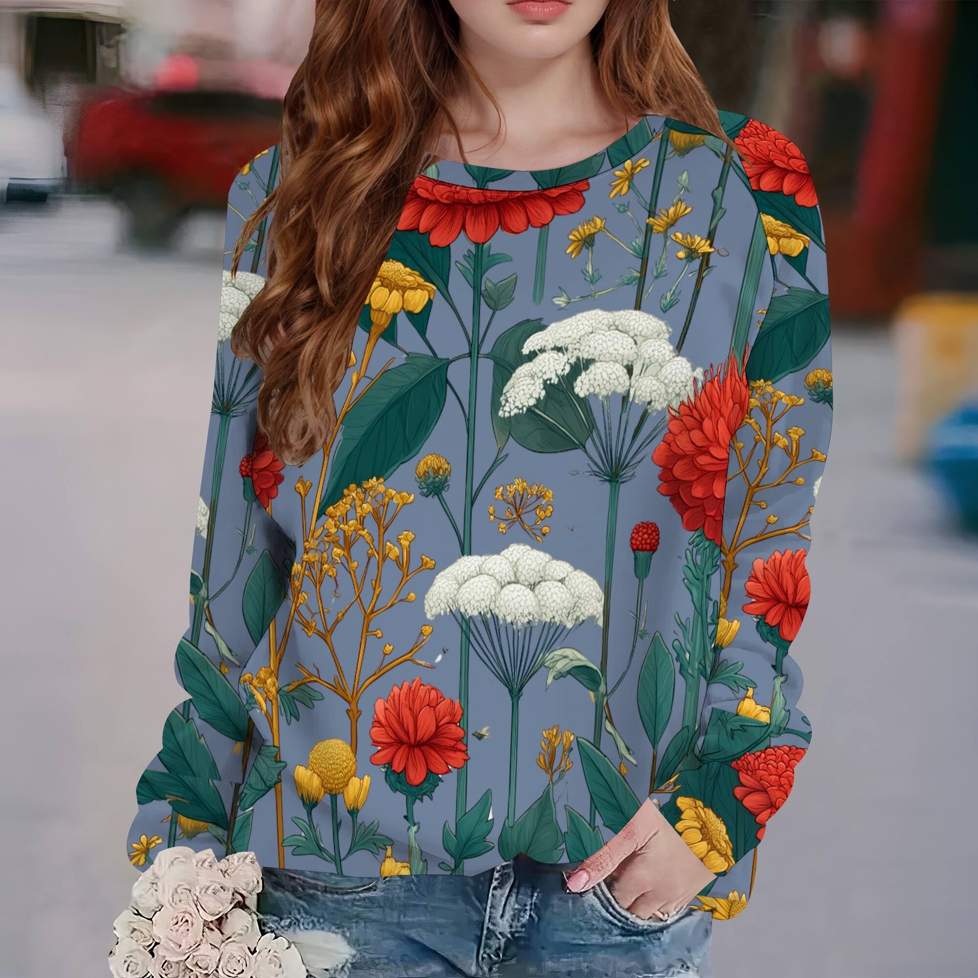 Retro Flower Print Sweatshirts for Women Crewneck Long Sleeve Elegant Tunic Tops Loose Pullover Sweatshirts Outfits