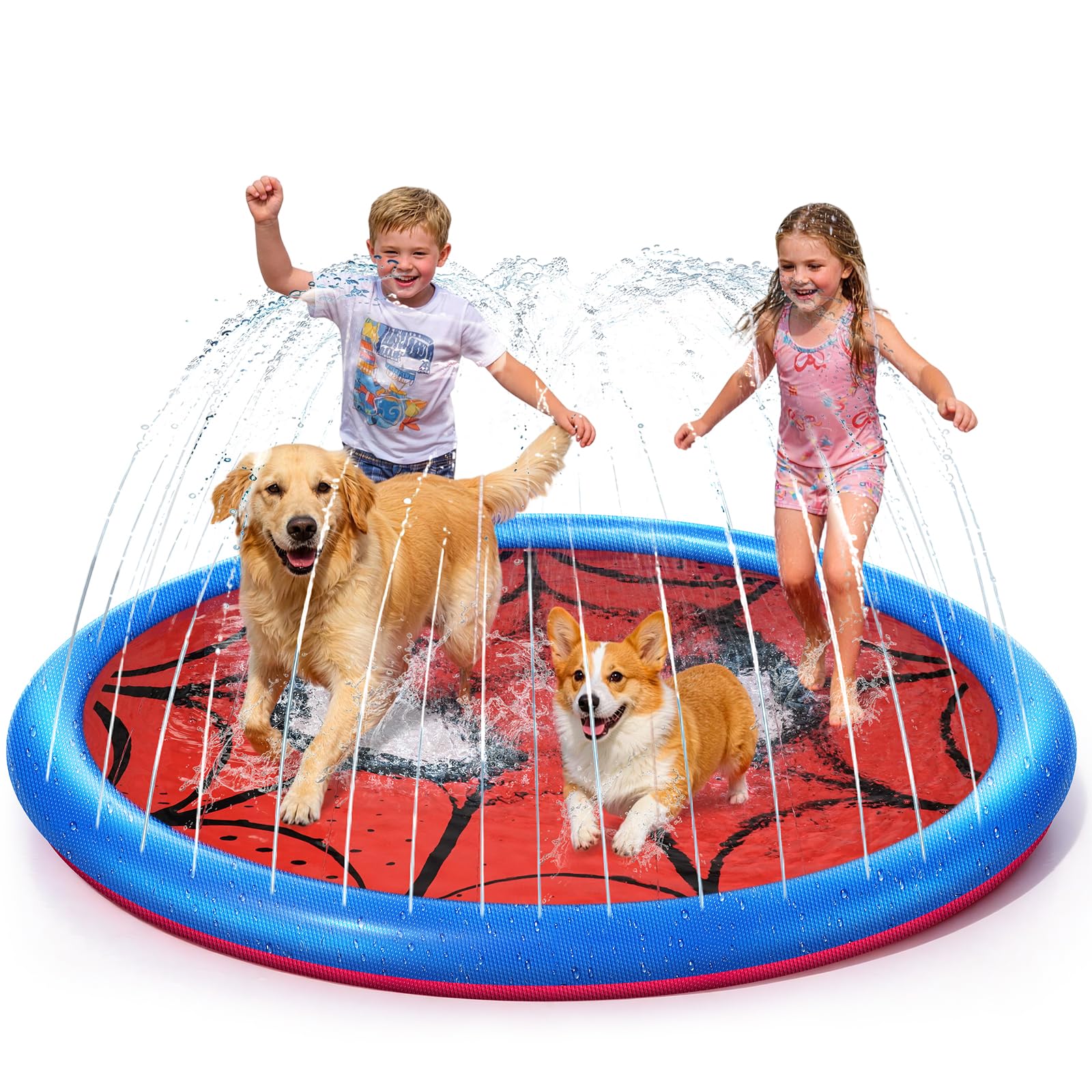 Tapis Jet d'eau Épaissi Motif Toile, Jeux d Eau Exterieur Anti-Dérapant pour Enfants et Chiens, Jouet Splash Pad d'Arrosage Extérieur d'Été pour Jardin et Activités de Plein Air (170cm)