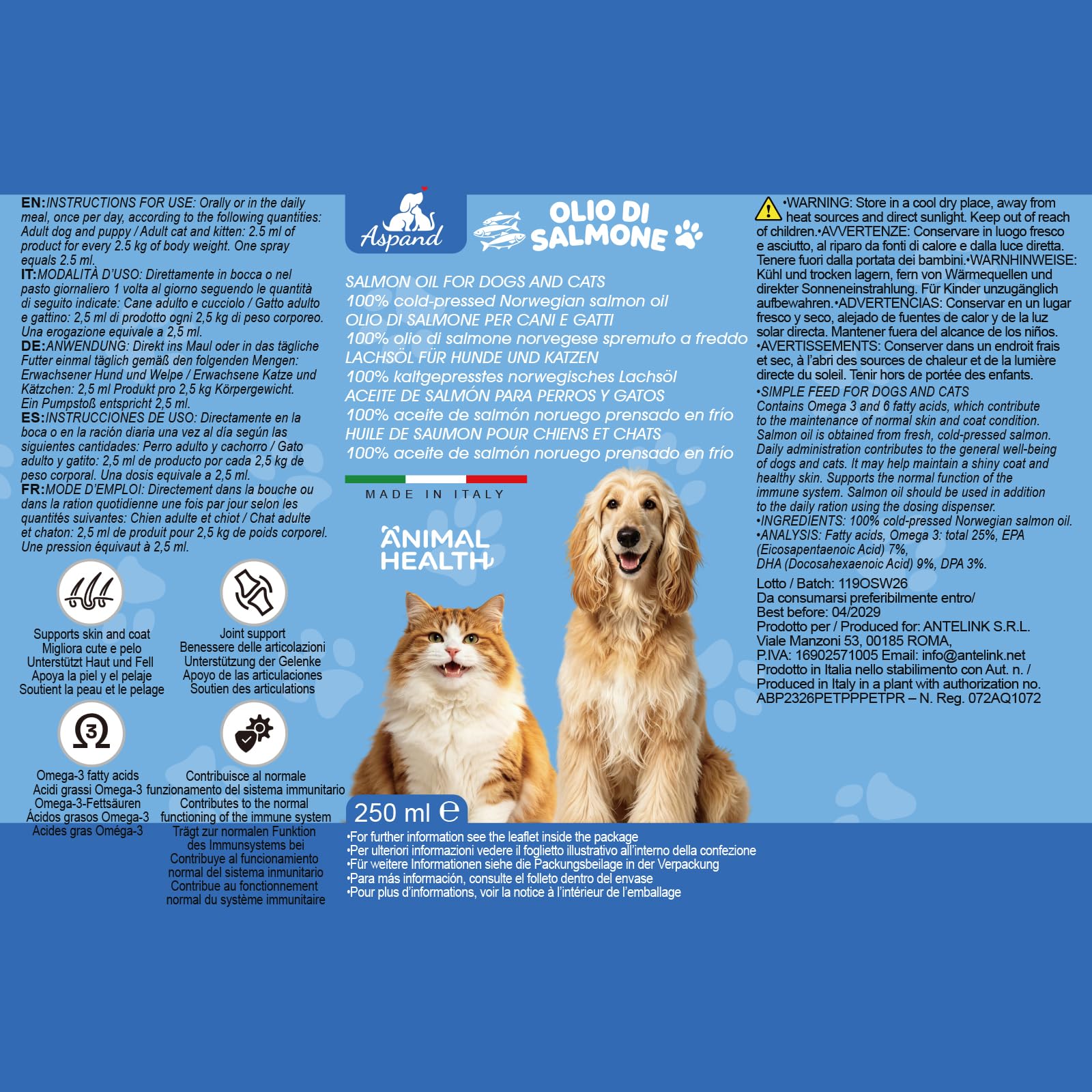 Aspand Olio di Salmone per Cani e Gatti, 100% Norvegese Pressato a Freddo per Articolazioni Fort, Pelle Sana e Rafforza il Sistema Immunitario, Arricchito con Omega 3, EPA, DHA, 250 ml