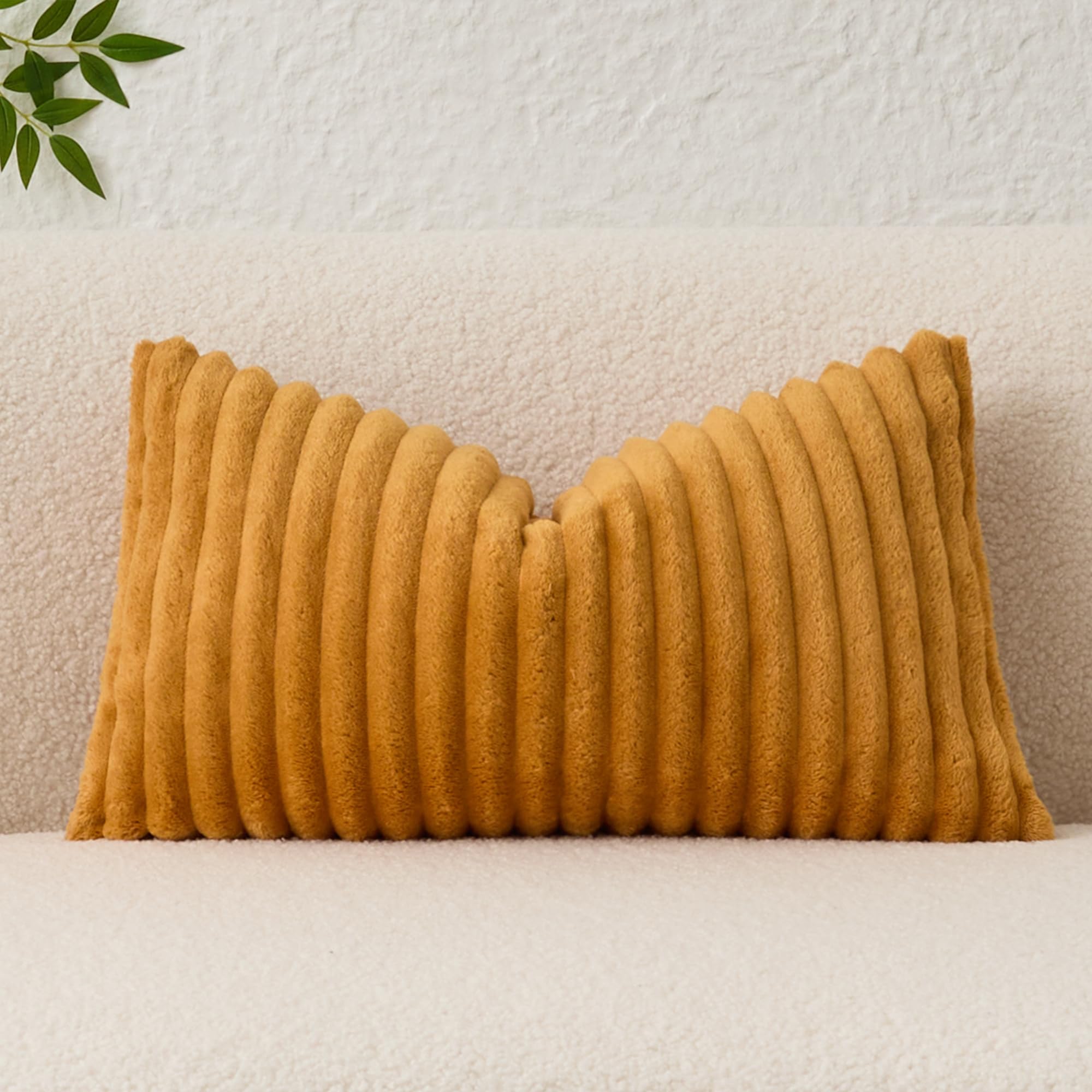 Photo 1 of Kevin Textile Soft Plush 14x24 Inch Lumbar Pillow Cover 1 Pack, Luxury Fluffy Faux Fur Striped Flannel Rectangle Cushion Case for Couch Sofa Chair Bed Home Decor, Golden Yellow