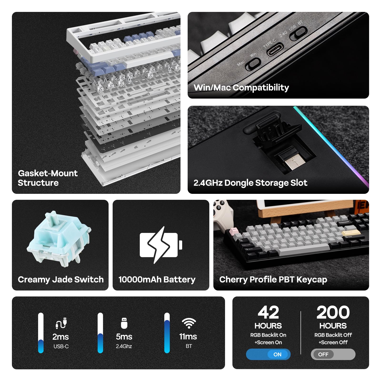 EPOMAKER TH108 Pro Teclado Mecánico Inalámbrico para Juegos de Tamaño Completo con Pantalla y Perilla, 10000mAh, Gasket Cremosa, Hot Swap, Controlador Personalizado, RGB (Negro, Creamy Jade)