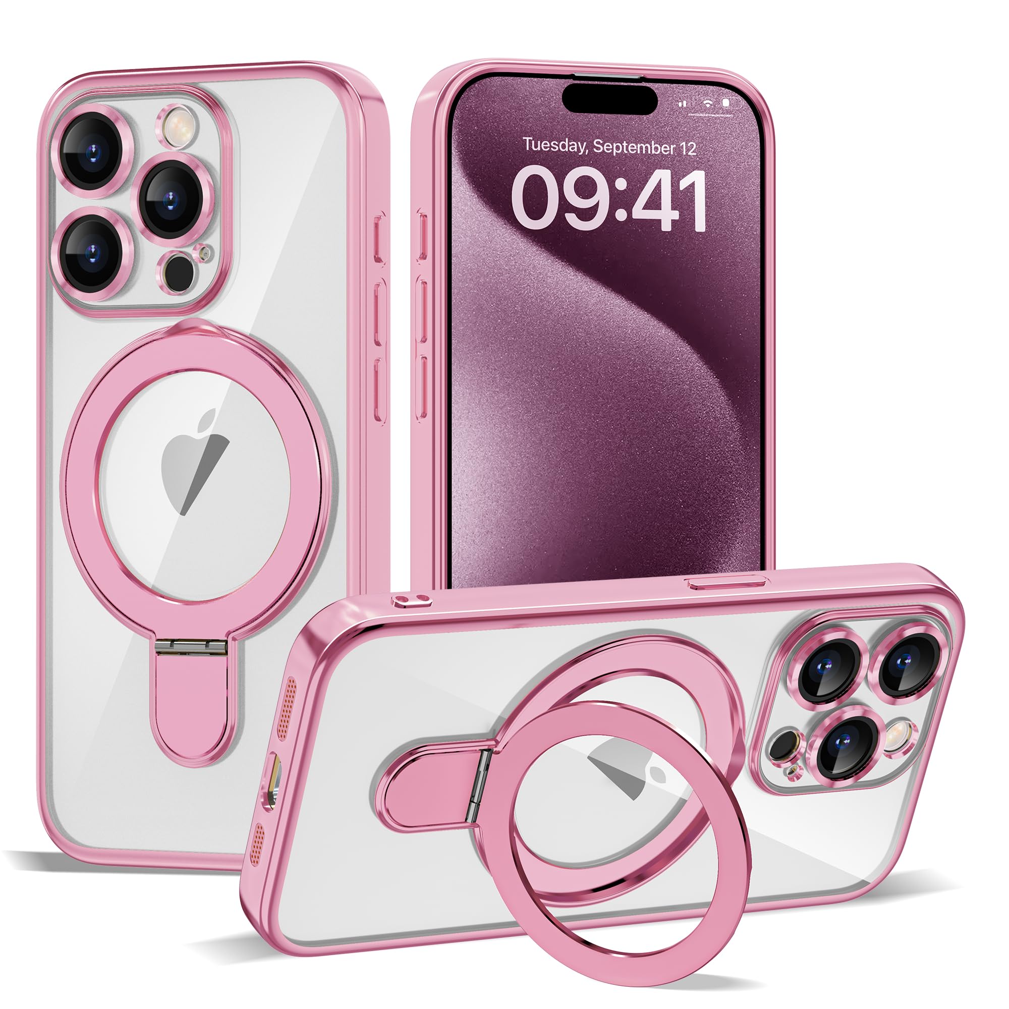 ETPESOK Compatible with iPhone 15 Pro Case with Invisible Magnetic Ring Stand [Compatible with Mag-Safe] [Full Camera Lens Protector] Plating Clear