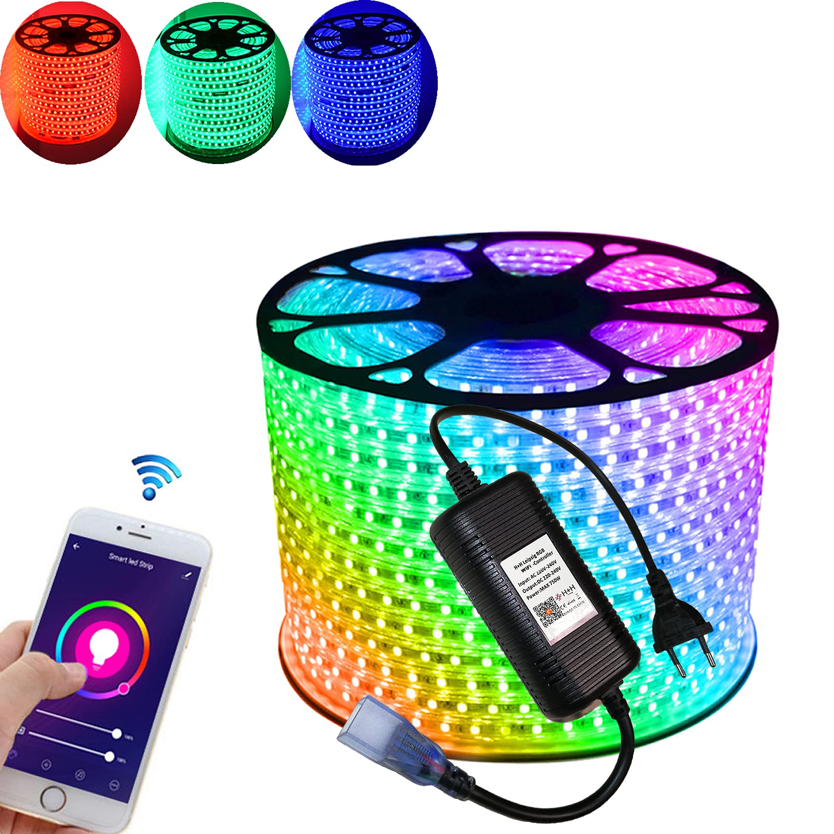15 Meter 230V 5050 SMD 60LEDs/M Mehrfarbig RGB LED Strip Streifen Lichtband Lichtleiste Lichtschlauch mit IP20 WiFi Netzteil Controller (ohne Fernbedienung)