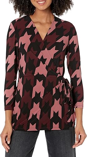 Anne Klein Haut imprimé avec Manches 3/4 Chemise, Noir/Rose Tea, Small Femme